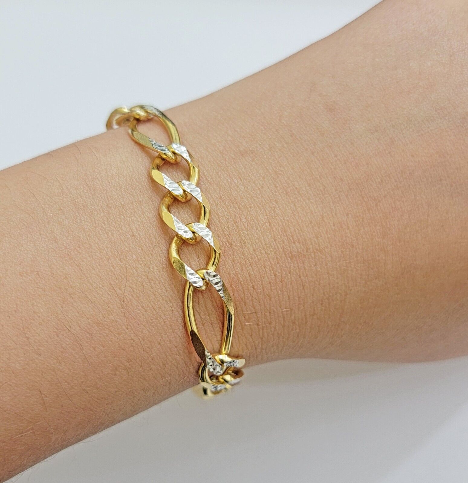 REAL 10k Gold Bracelet Figaro Link Solid Yellow Gold 8.5" 9mm Two - tone Diamond - GoldenlinQ