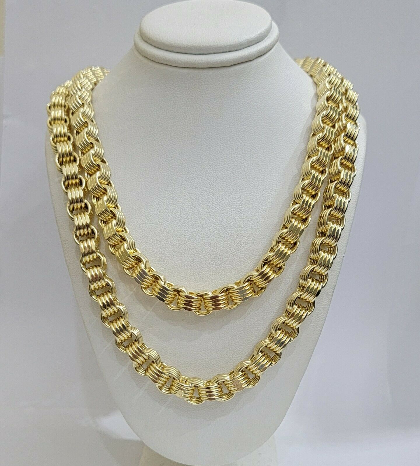 Real 10k Gold Byzantine Chain Necklace 8mm 30" Long 10kt Yellow Gold,Thick shiny - GoldenlinQ