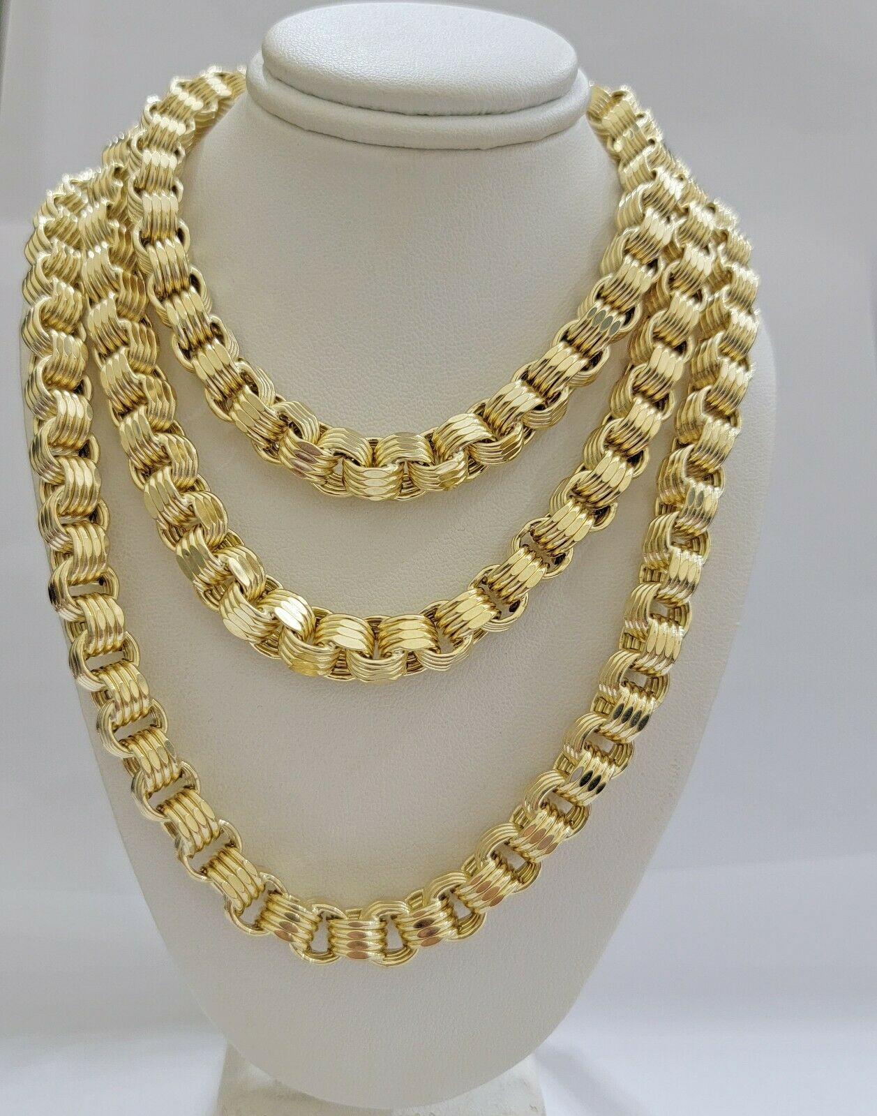 Real 10k Gold Byzantine Chain Necklace 8mm 30" Long 10kt Yellow Gold,Thick shiny - GoldenlinQ