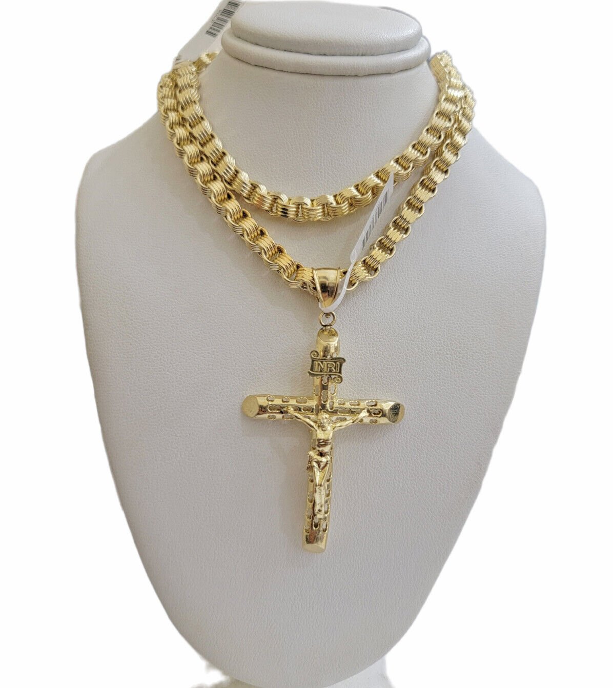 Real 10k Gold byzantine Chain Pendant Set 5mm Necklace With Jesus Cross Charm - GoldenlinQ