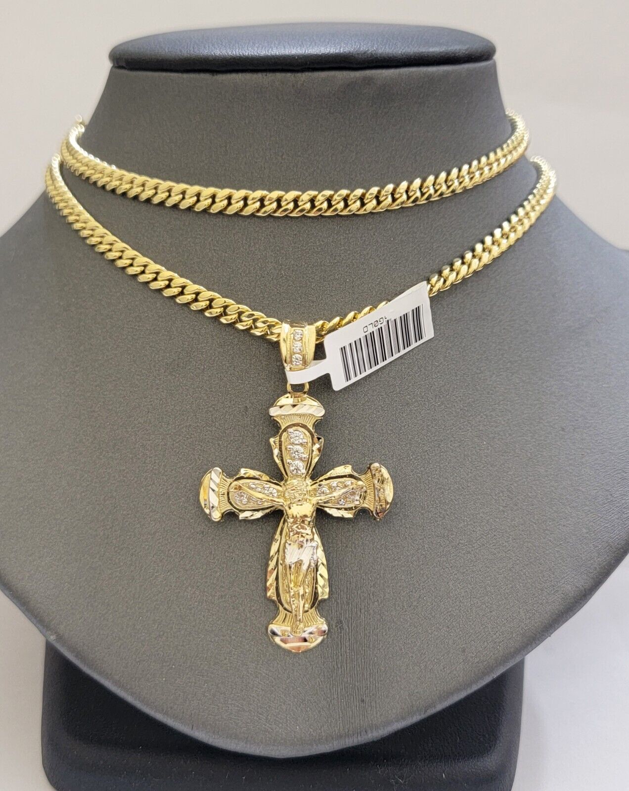 Real 10k Gold Chain Charm Set Cross Pendant Miami Cuban link Necklace 5mm 18 - 28" - GoldenlinQ