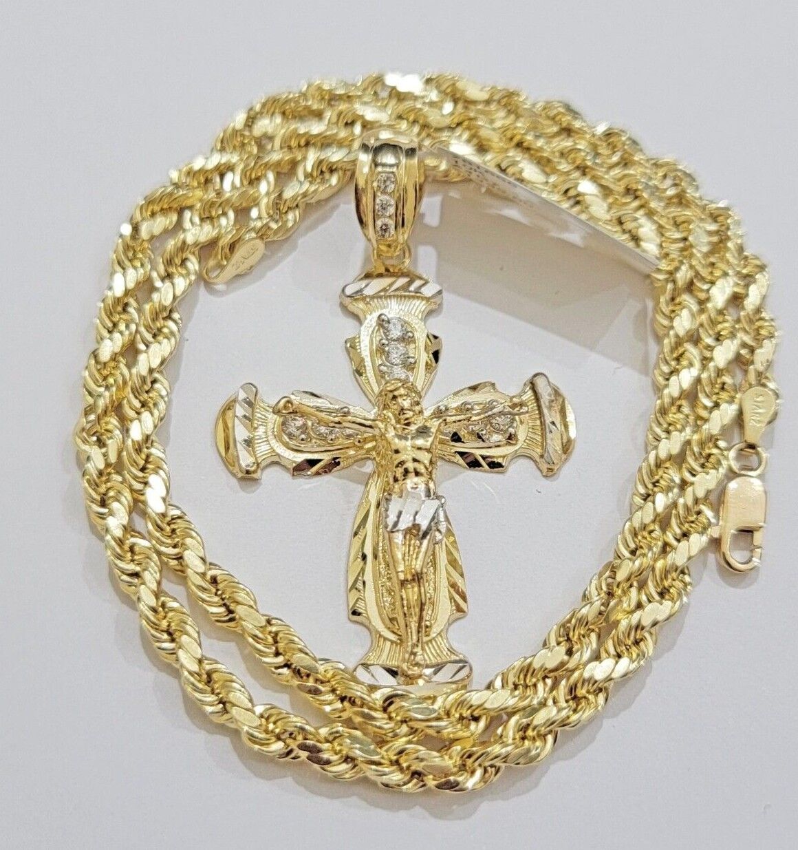 Real 10k Gold Chain Charm Set Jesus Cross Pendant Rope Necklace 5mm 18" - 28" Mens - GoldenlinQ