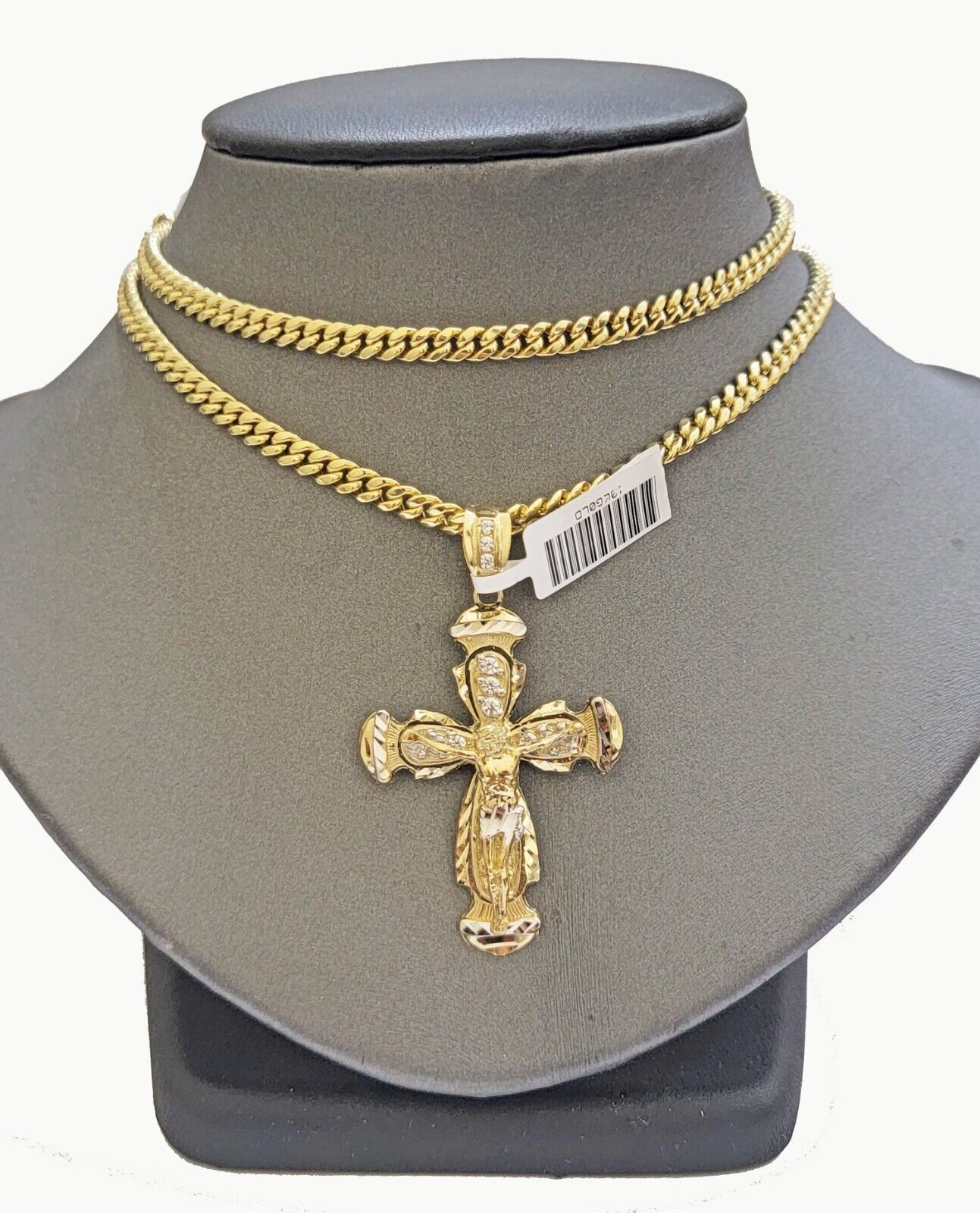 Real 10k Gold Chain & cross charm pendant SET Miami Cuban link necklace 5 mm 22" - GoldenlinQ