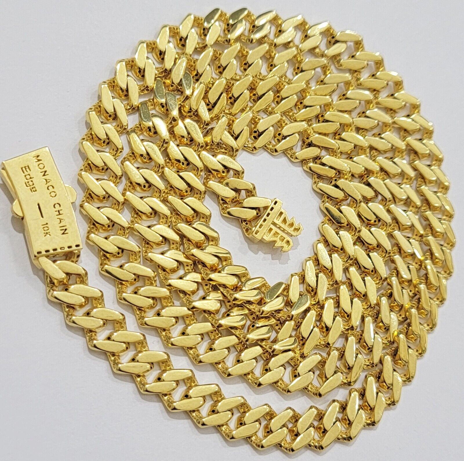 Real 10k Gold chain Cuban Link Monaco necklace 7.5mm 18 - 24 Inch Box Lock 10KT - GoldenlinQ