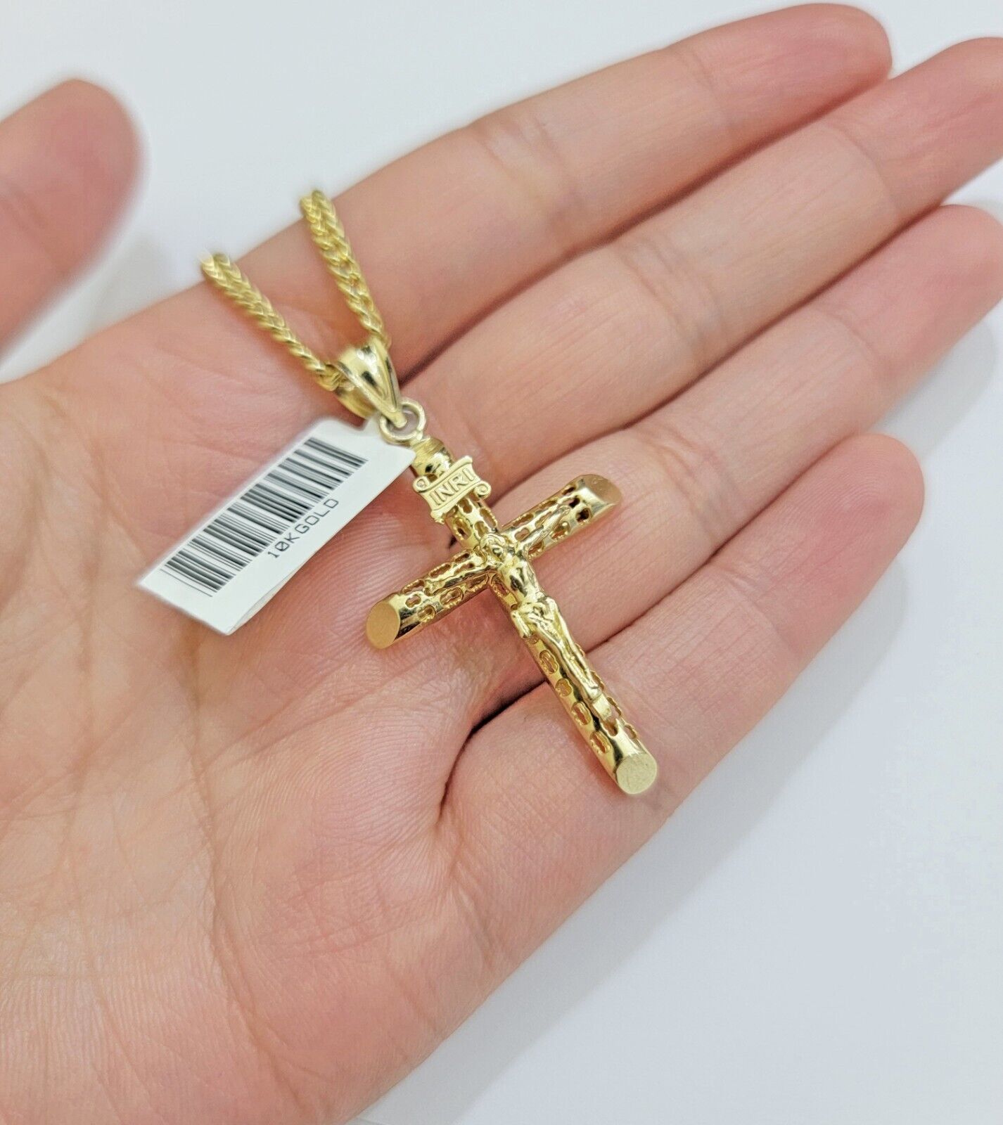Real 10k Gold Chain Jesus Cross Charm Pendant SET 3mm Miami Cuban Link Necklace - GoldenlinQ