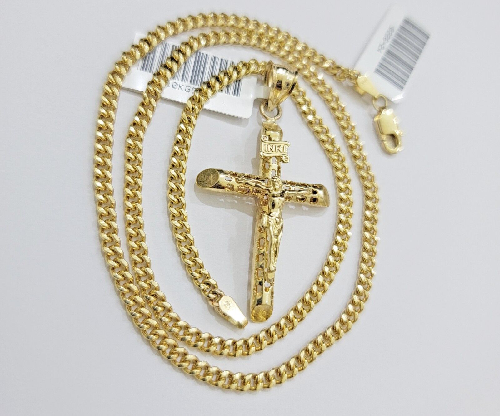 Real 10k Gold Chain Jesus Cross Charm Pendant SET 3mm Miami Cuban Link Necklace - GoldenlinQ