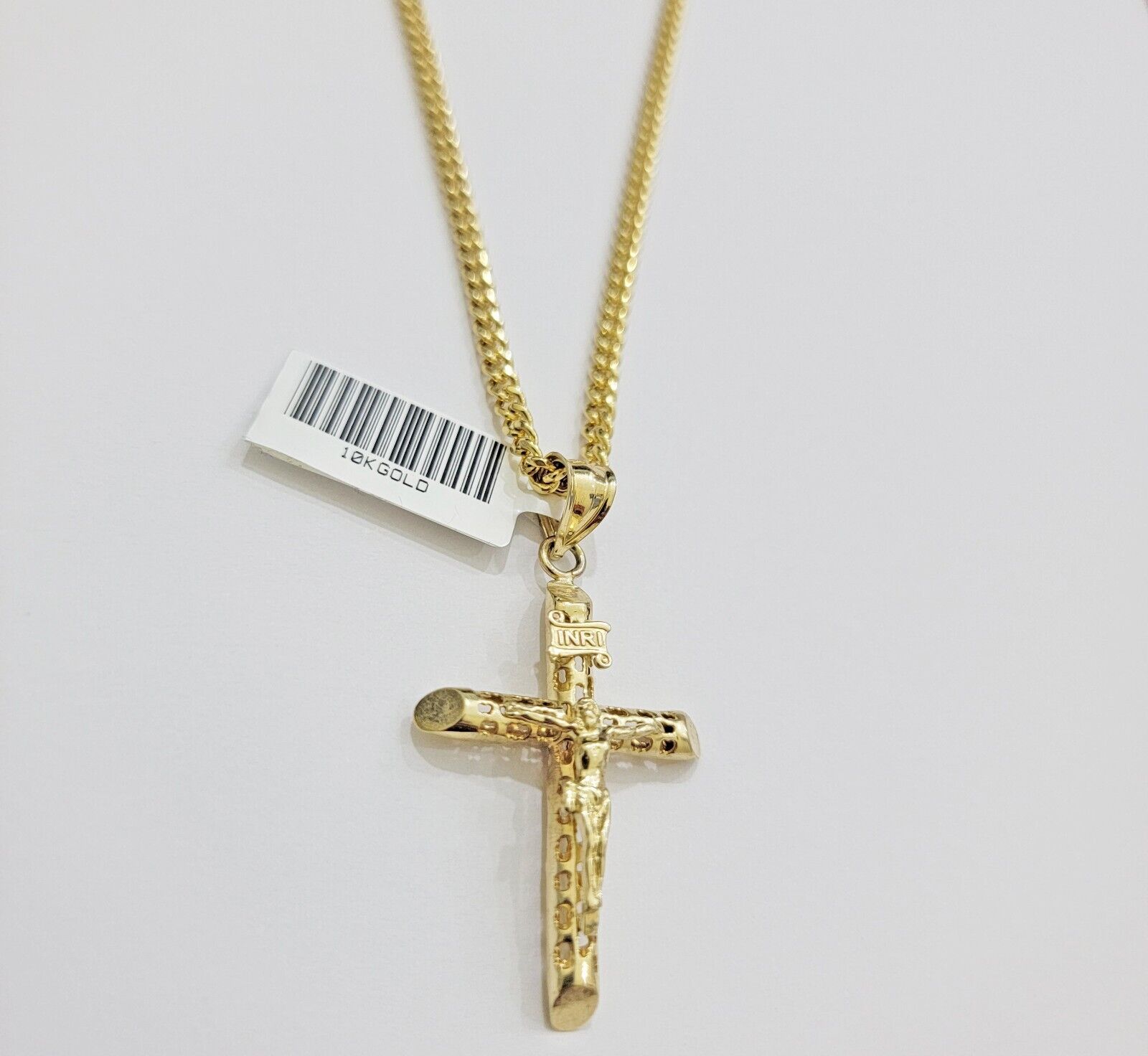 Real 10k Gold Chain Jesus Cross Charm Pendant SET 3mm Miami Cuban Link Necklace - GoldenlinQ