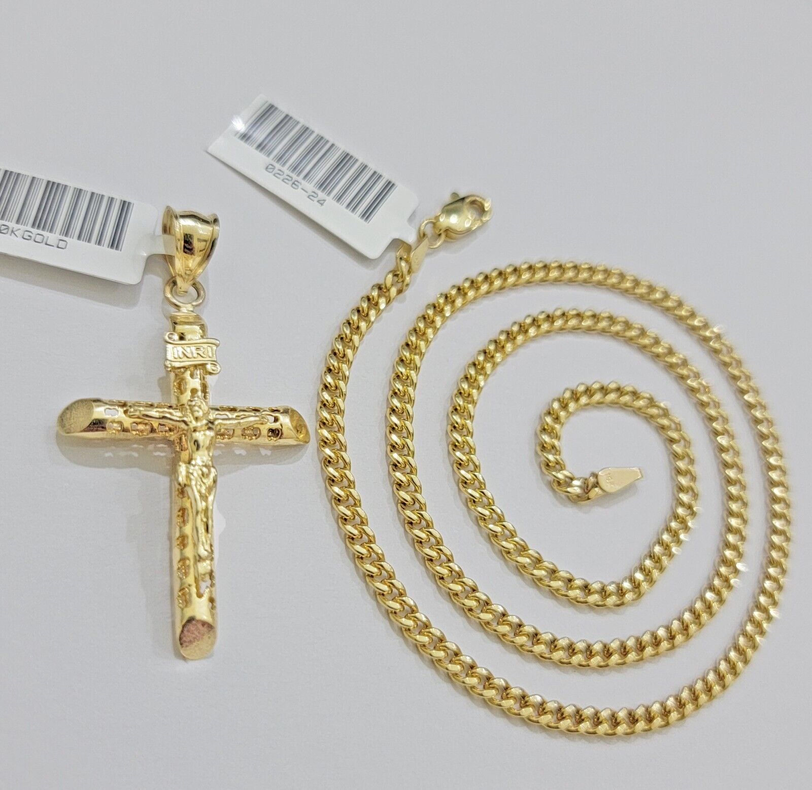 Real 10k Gold Chain Jesus Cross Charm Pendant SET 3mm Miami Cuban Link Necklace - GoldenlinQ