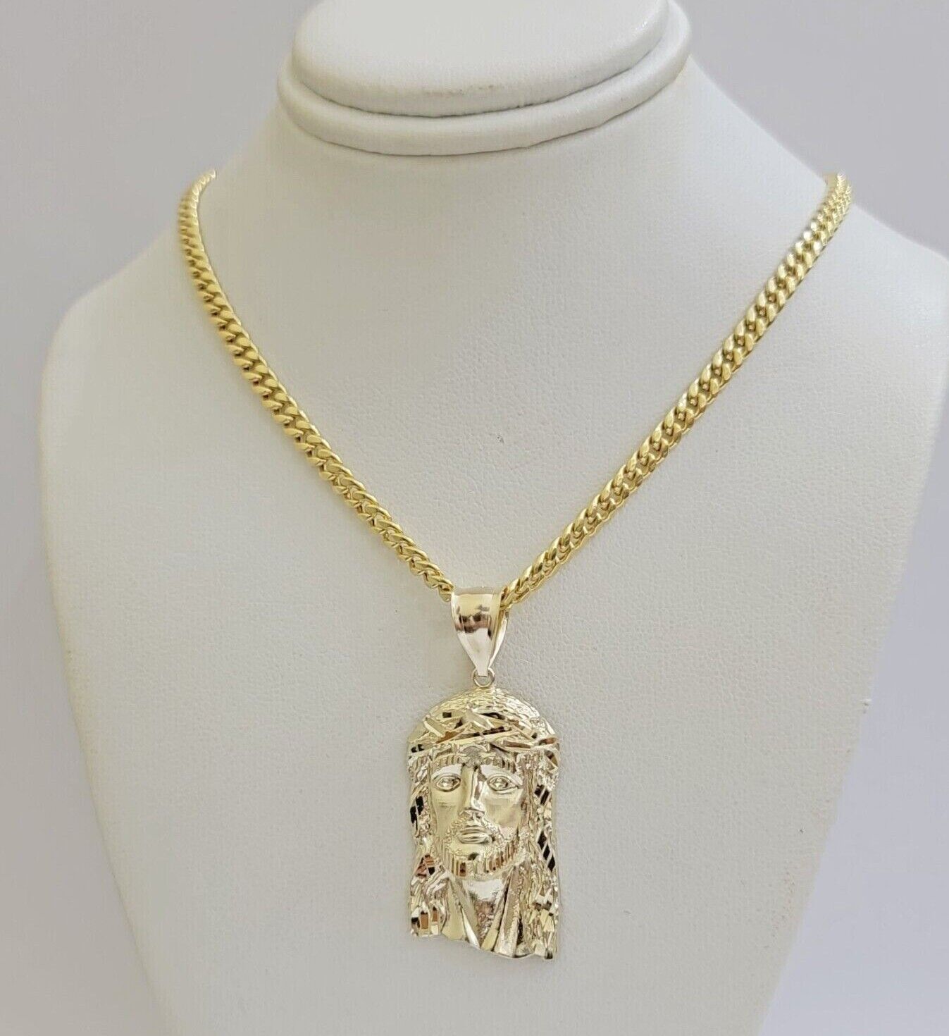 REAL 10k Gold Chain Necklace Charm Pendant SET, 5mm Miami Cuban Link, Jesus Head - GoldenlinQ