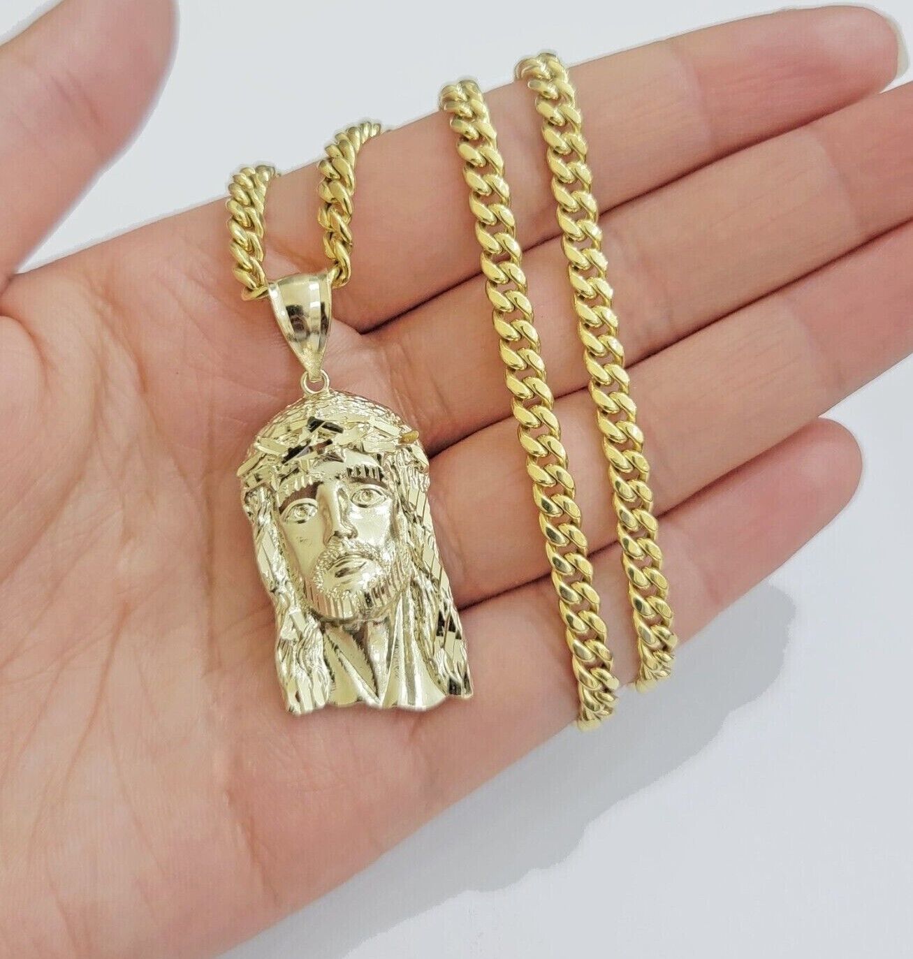 REAL 10k Gold Chain Necklace Charm Pendant SET, 5mm Miami Cuban Link, Jesus Head - GoldenlinQ