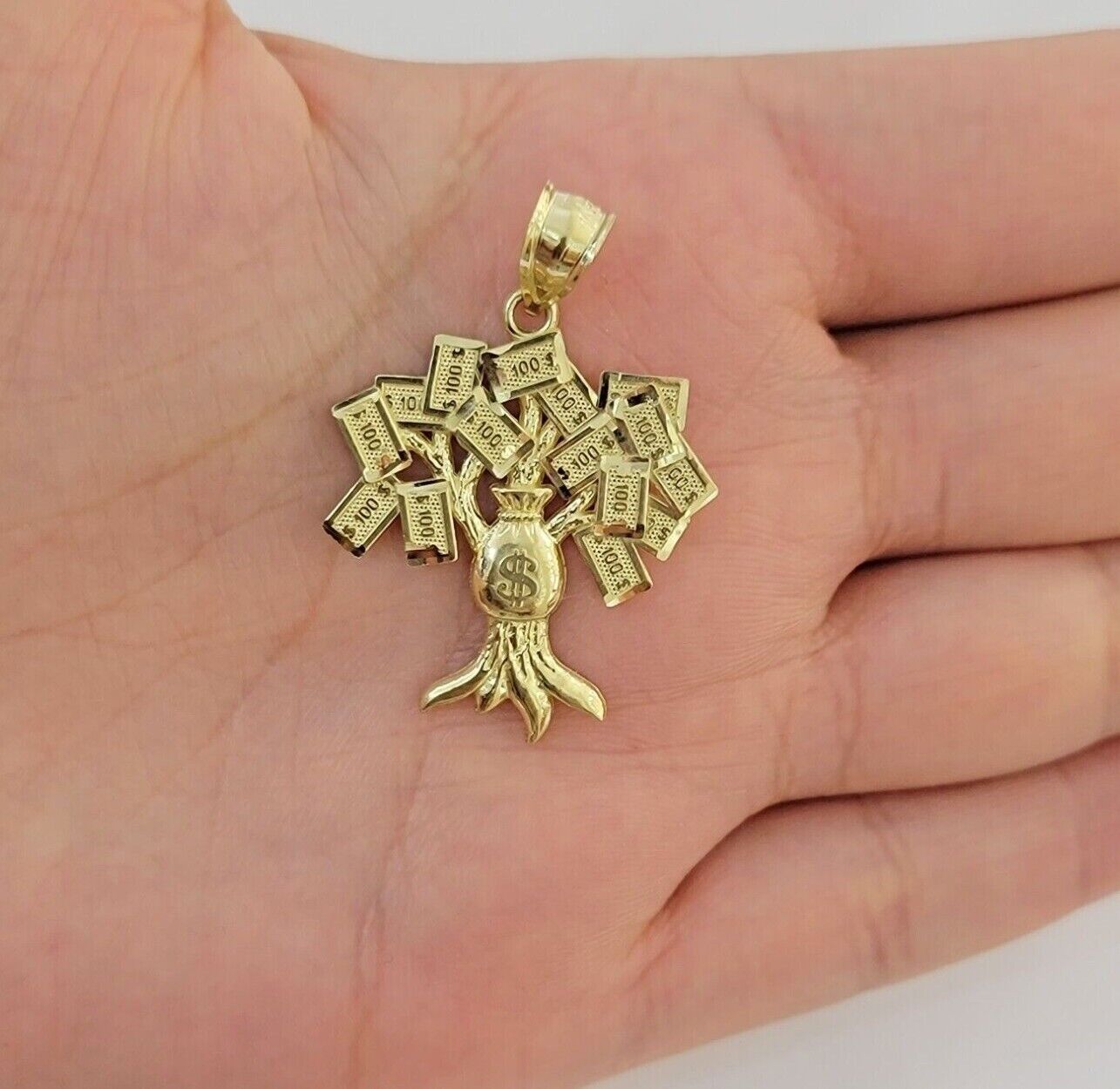 REAL 10k Gold Chain Pendant Set Miami Cuban chain 3mm& Money Tree Charm, 18" - 28" - GoldenlinQ