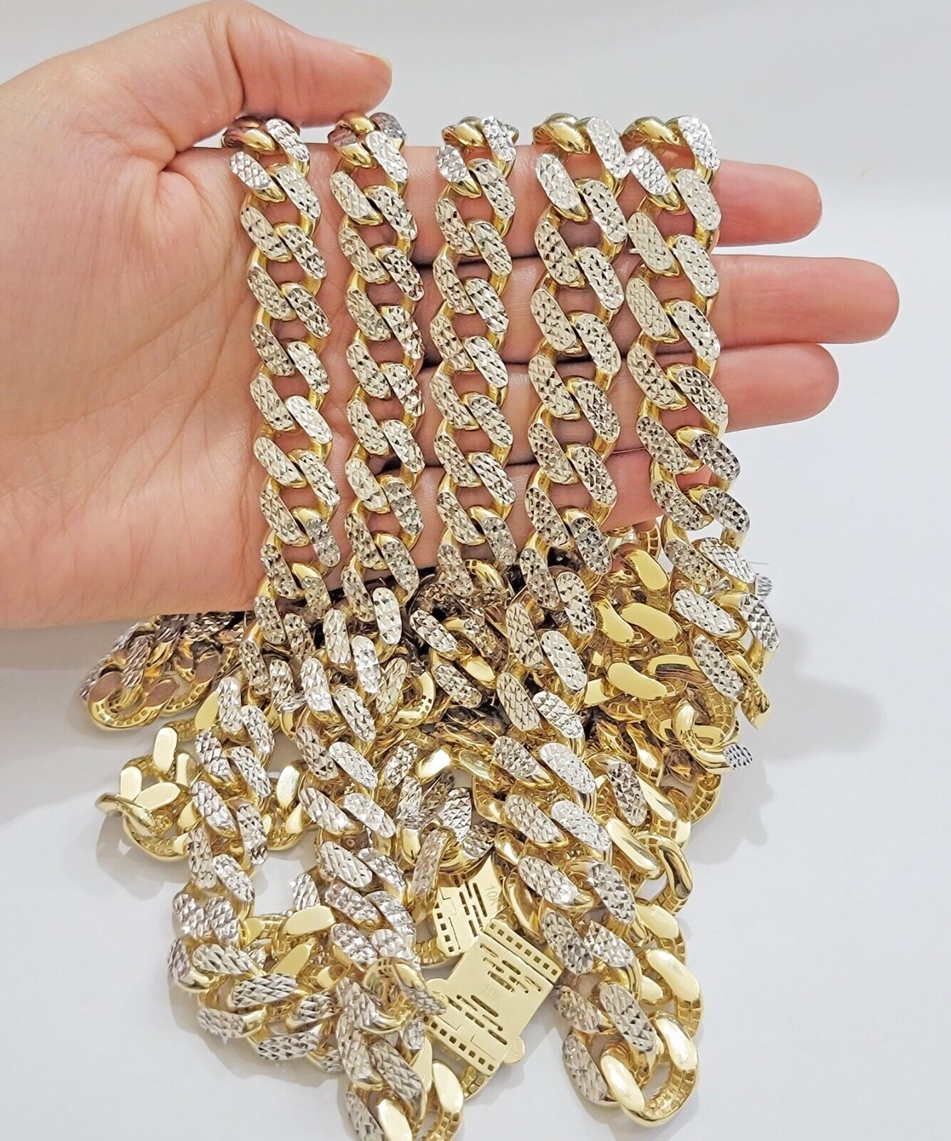 Real 10k Gold Chain Royal Miami Cuban Link Necklace 13mm 24" Rhodium Diamond Cut - GoldenlinQ