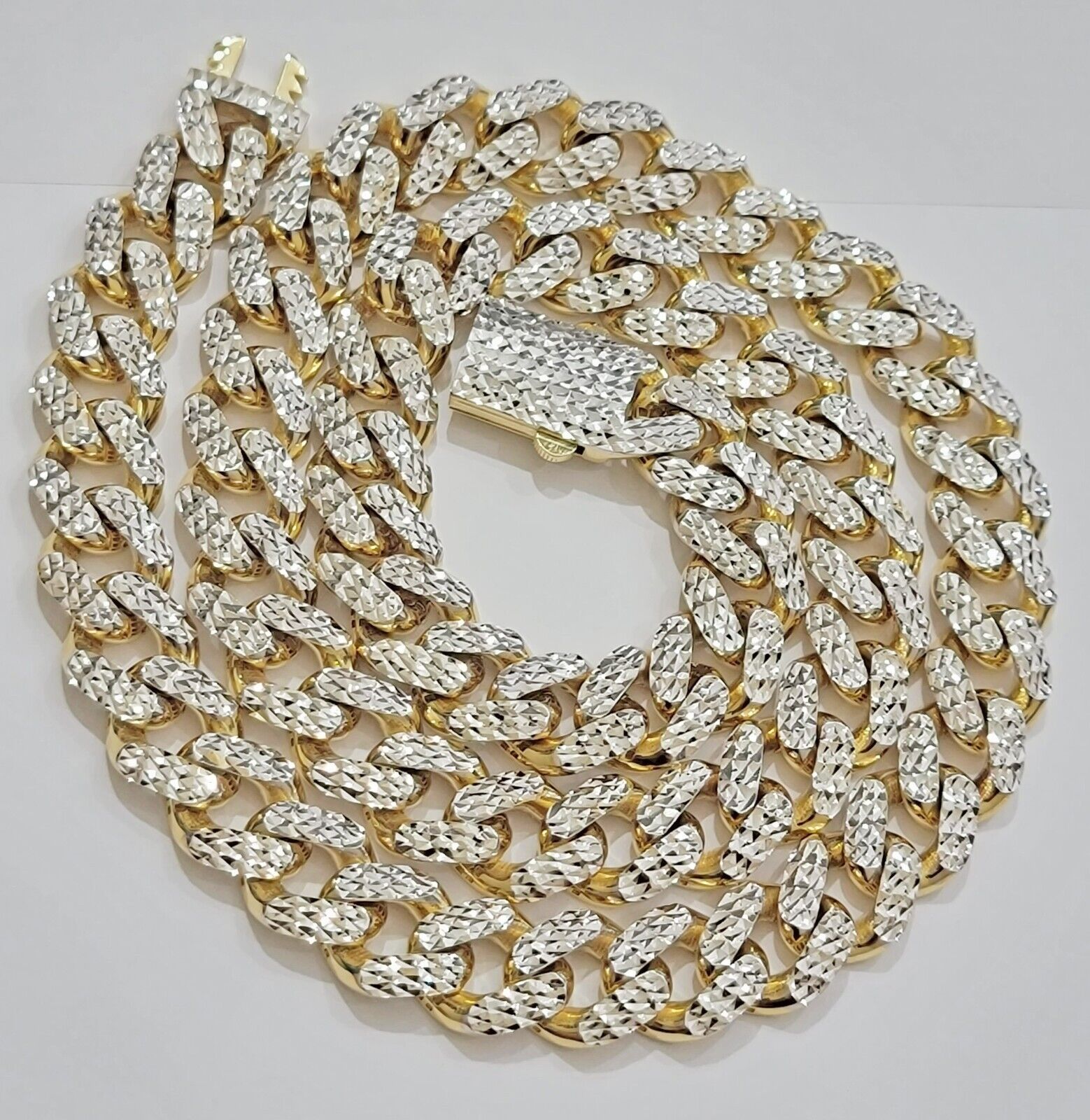 Real 10k Gold Chain Royal Miami Cuban Link Necklace 13mm 24" Rhodium Diamond Cut - GoldenlinQ