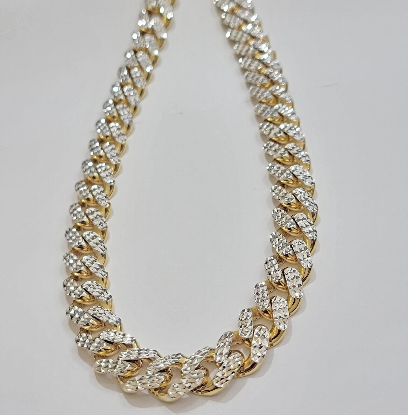 Real 10k Gold Chain Royal Miami Cuban Link Necklace 13mm 26" Rhodium Diamond Cut - GoldenlinQ