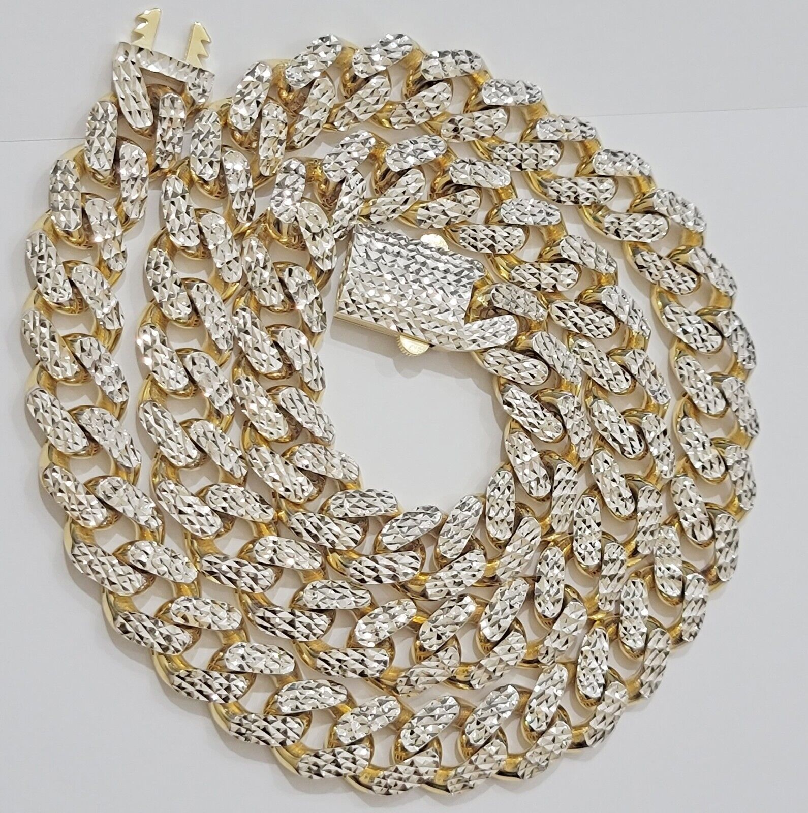 Real 10k Gold Chain Royal Miami Cuban Link Necklace 13mm 26" Rhodium Diamond Cut - GoldenlinQ