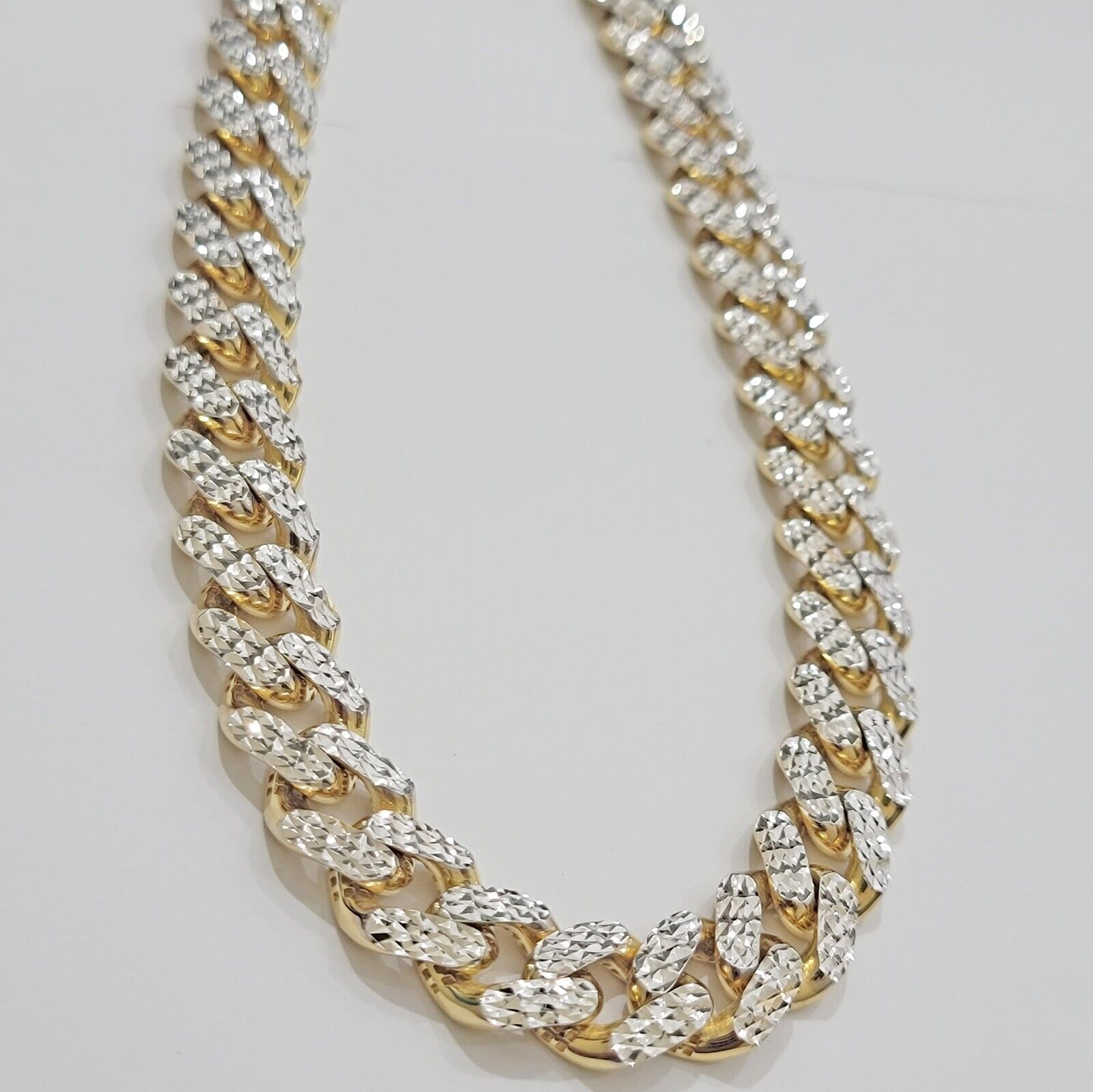 Real 10k Gold Chain Royal Miami Cuban Link Necklace 13mm 26" Rhodium Diamond Cut - GoldenlinQ