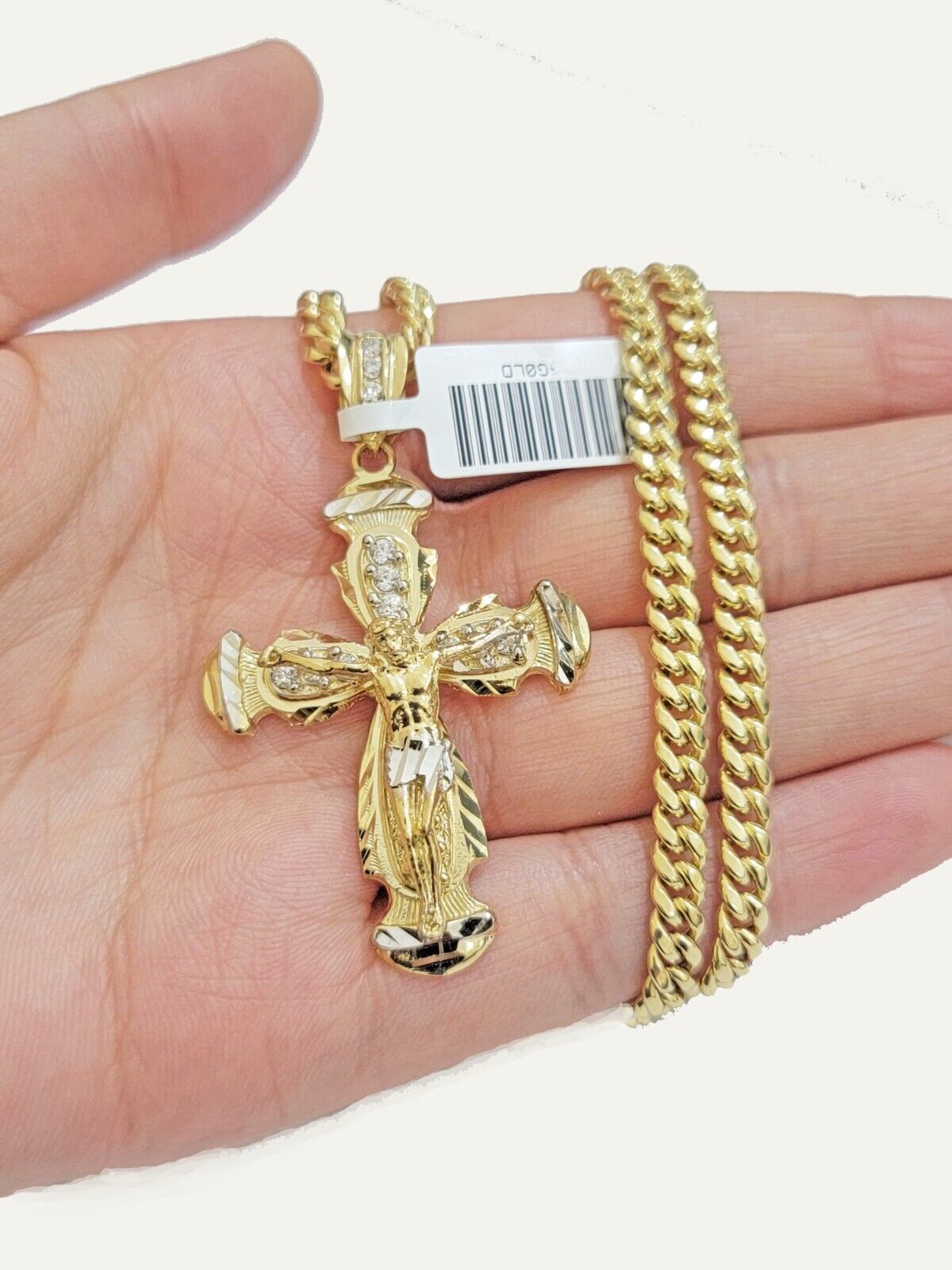 Real 10k Gold Chain With cross charm pendant Cuban link necklace 5mm 18" Choker - GoldenlinQ