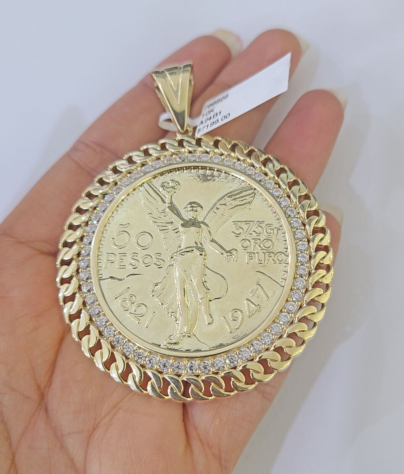 REAL 10k Gold Charm Pendant Centenario Style Coin With Bezel 50 Pesos 1947 10KT - GoldenlinQ