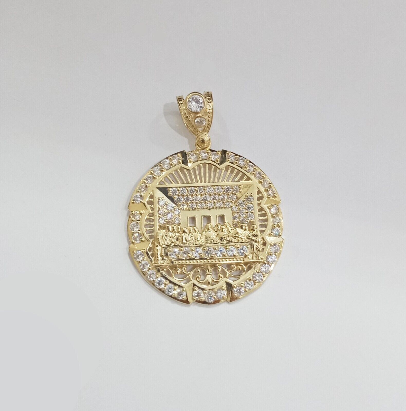 Real 10k Gold Circle Charm Last Supper Pendant 10kt Yellow Gold for Chain Men - GoldenlinQ