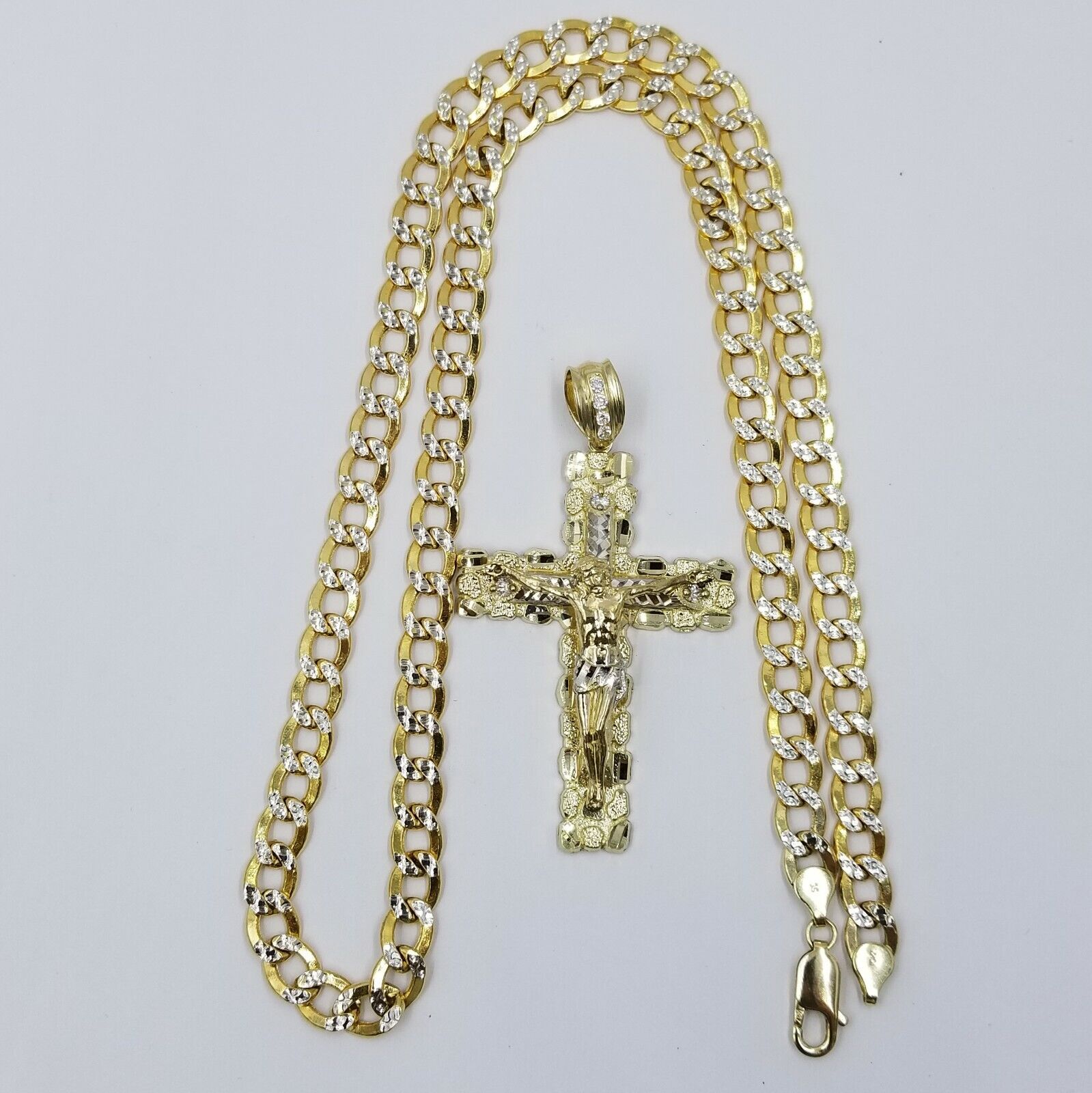 Real 10k Gold Cross And 10k Cuban Link 26" Necklace 3" Pendant Charm Chain Set - GoldenlinQ