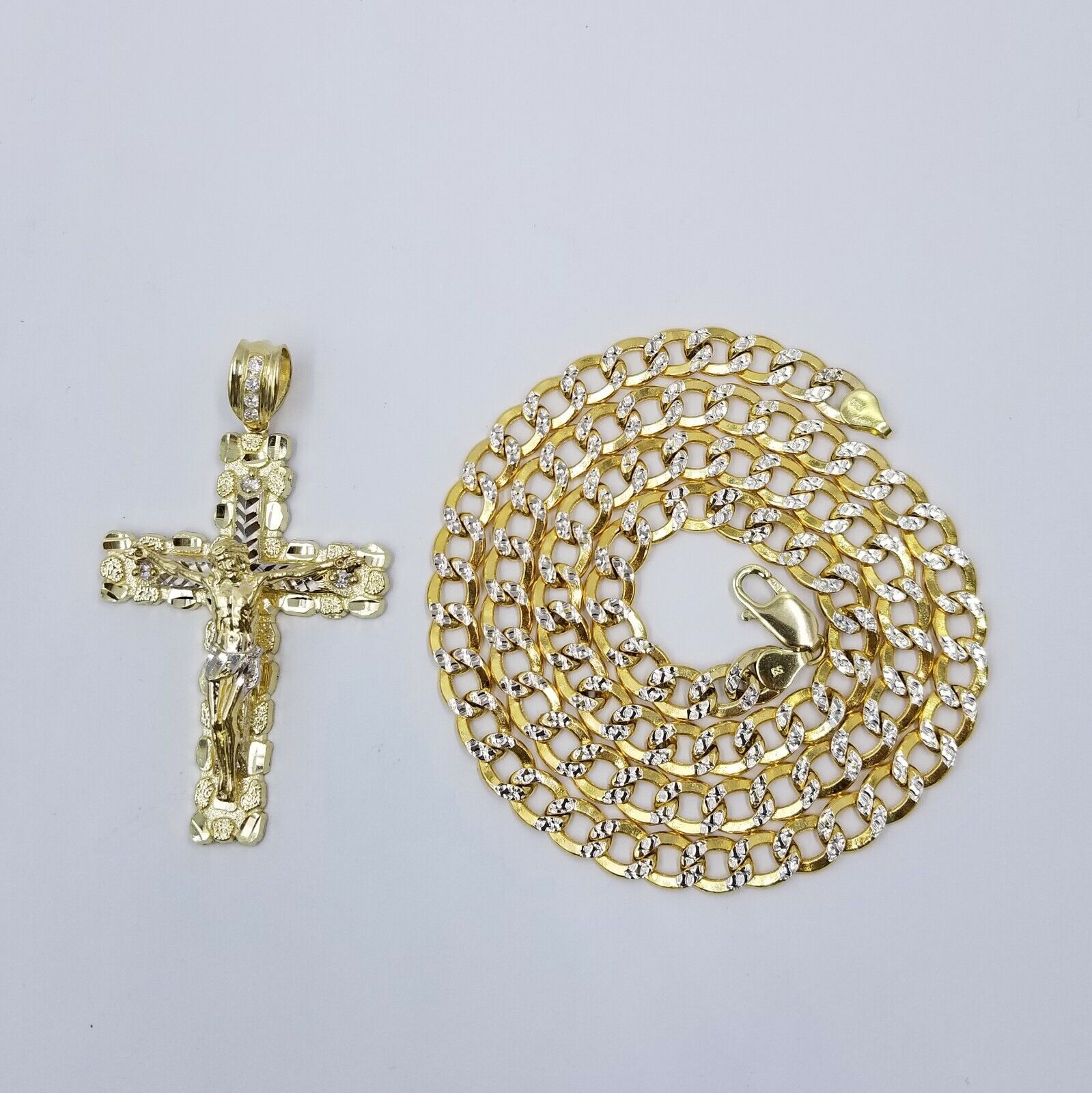 Real 10k Gold Cross And 10k Cuban Link 26" Necklace 3" Pendant Charm Chain Set - GoldenlinQ
