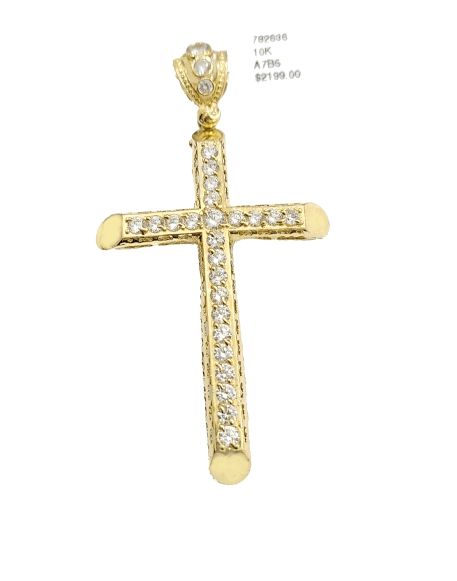 Real 10k Gold Cross Charm Pendant 2.8'' Inch 10KT Yellow Gold Cubic Zirconia - GoldenlinQ