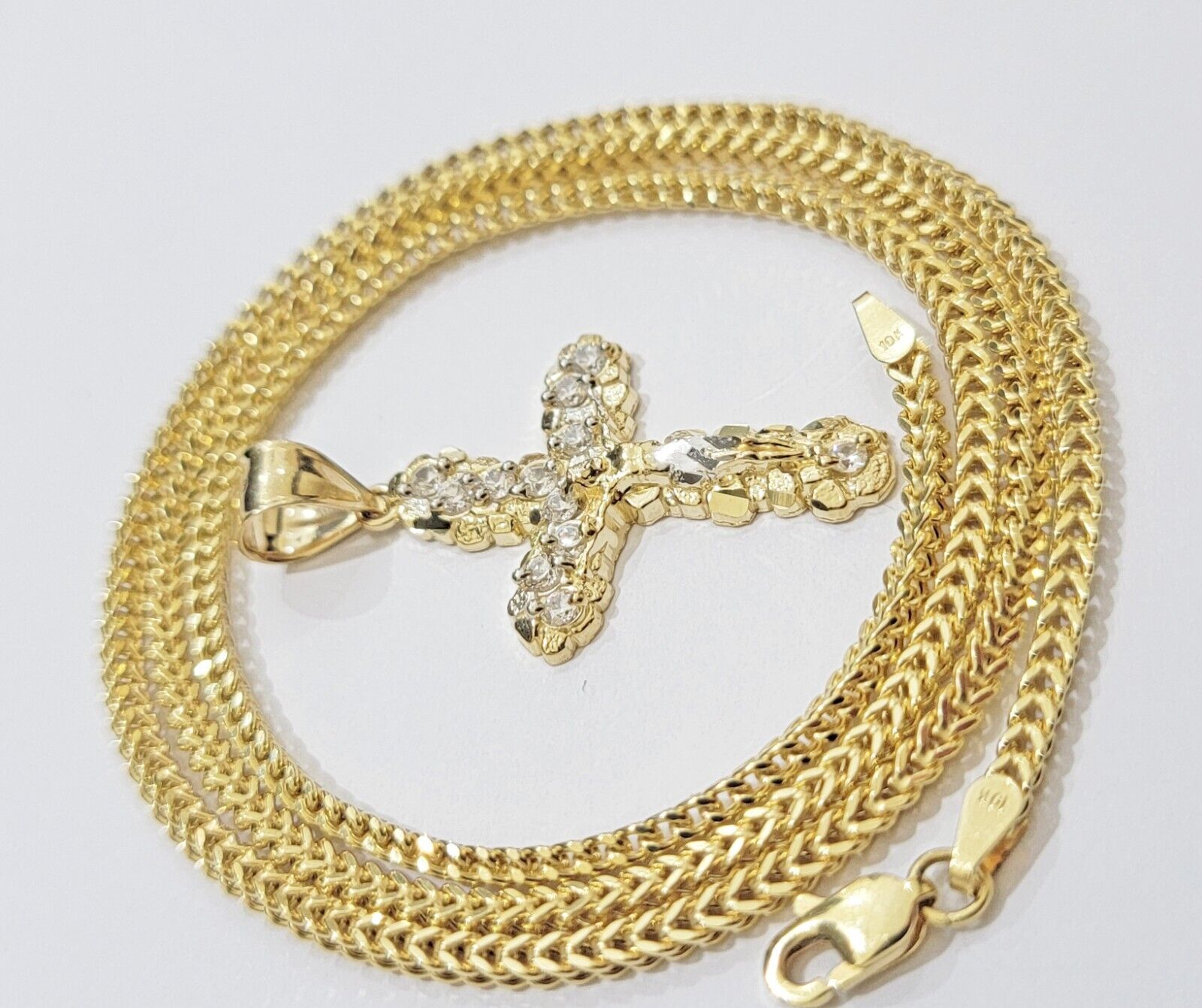 Real 10k Gold Cross Charm pendant & Franco Chain Necklace 2.5mm 20" Men Women - GoldenlinQ