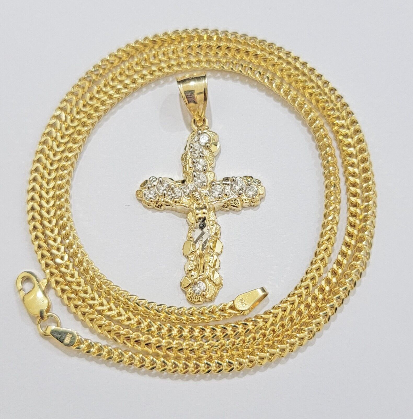 Real 10k Gold Cross Charm pendant & Franco Chain Necklace 2.5mm 22" Men Women - GoldenlinQ