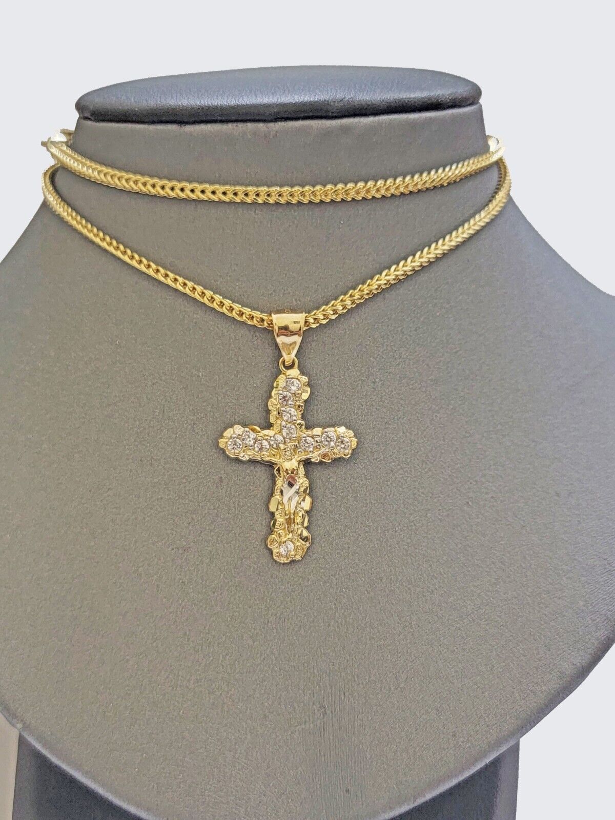 Real 10k Gold Cross Charm pendant & Franco Chain Necklace 2.5mm 22" Men Women - GoldenlinQ