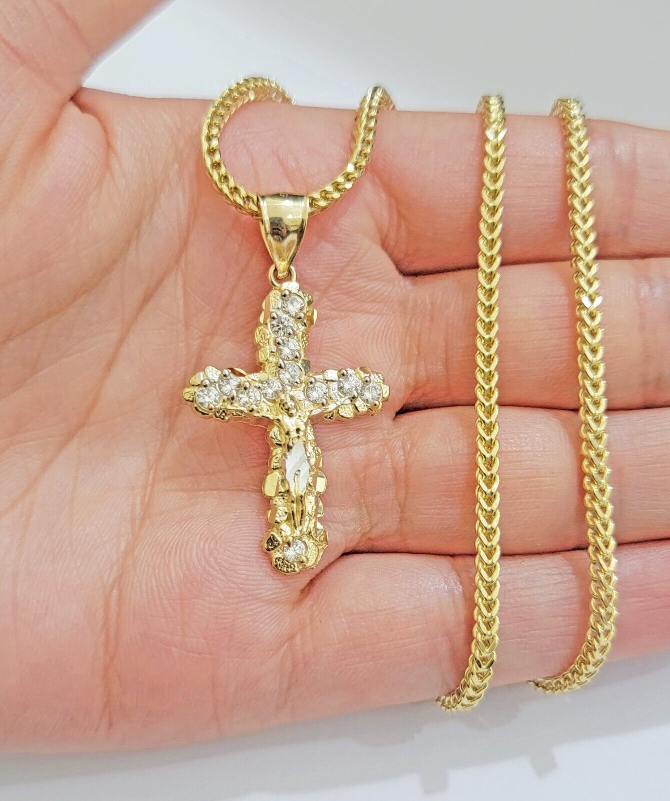 Real 10k Gold Cross Charm pendant & Franco Chain Necklace 2.5mm 24" Men Women - GoldenlinQ