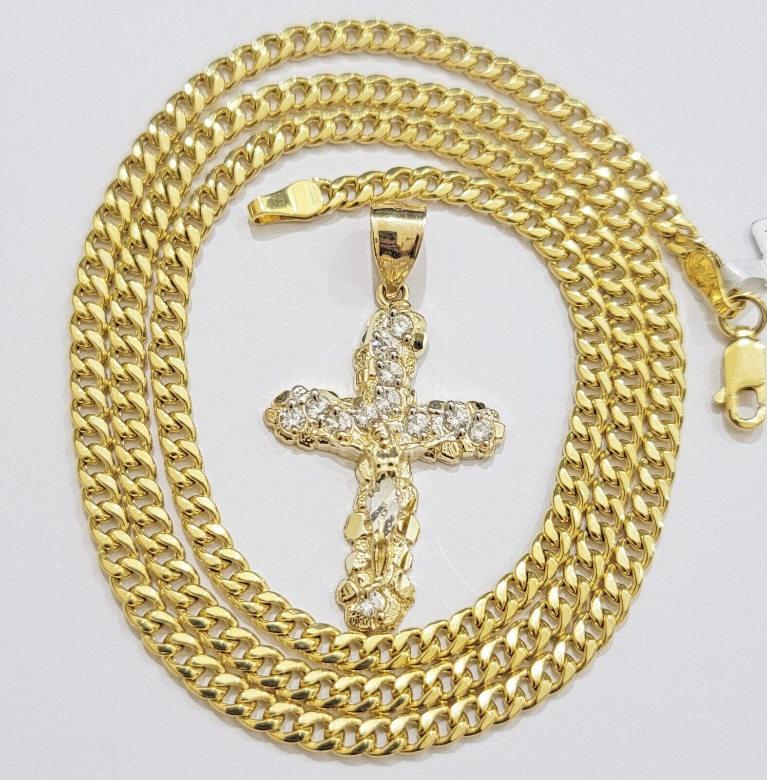 Real 10k Gold Cross Charm pendant & Miami Cuban Link Chain Necklace 4mm 22" Mens - GoldenlinQ