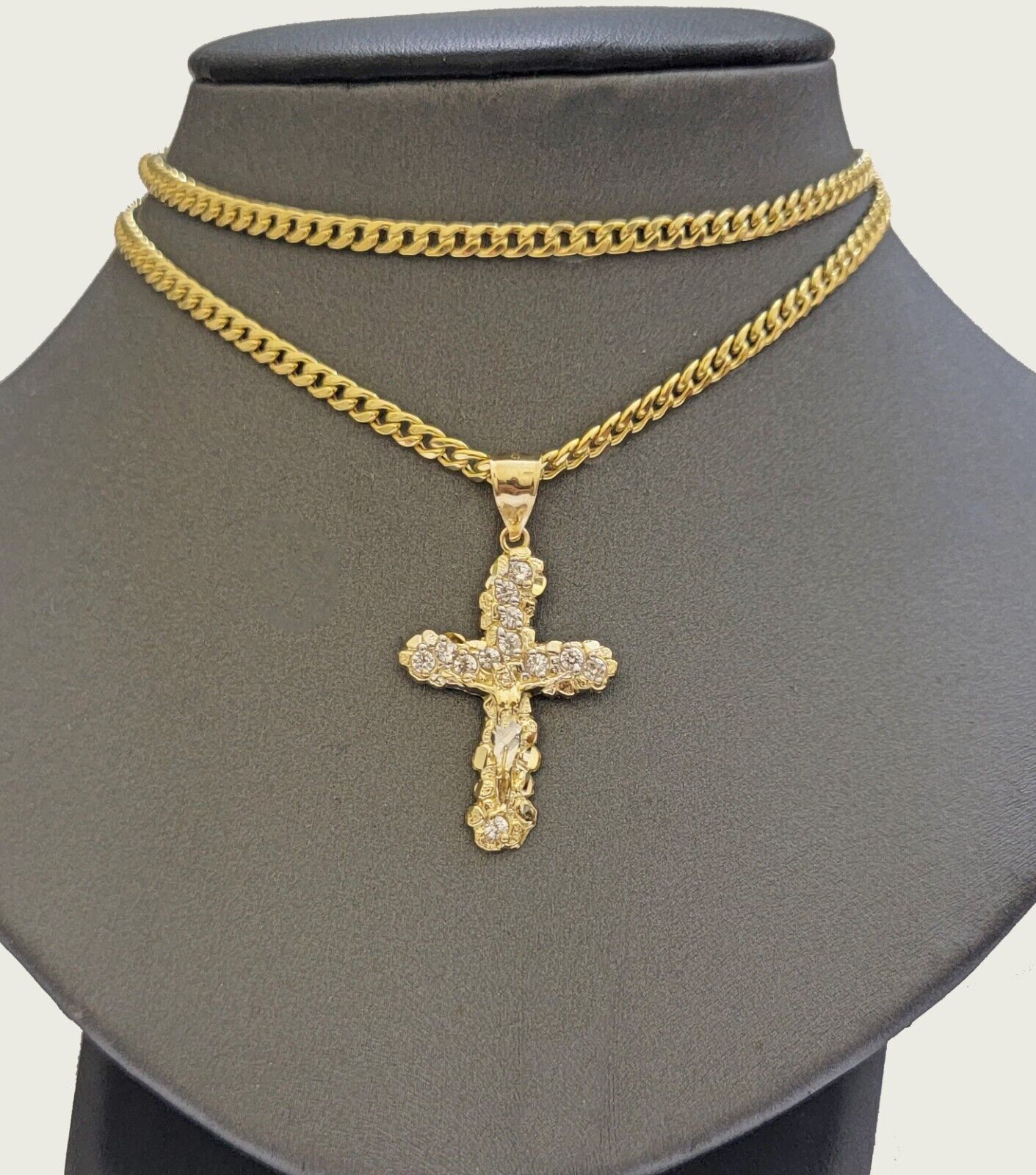 Real 10k Gold Cross Charm pendant & Miami Cuban Link Chain Necklace 4mm 22" Mens - GoldenlinQ