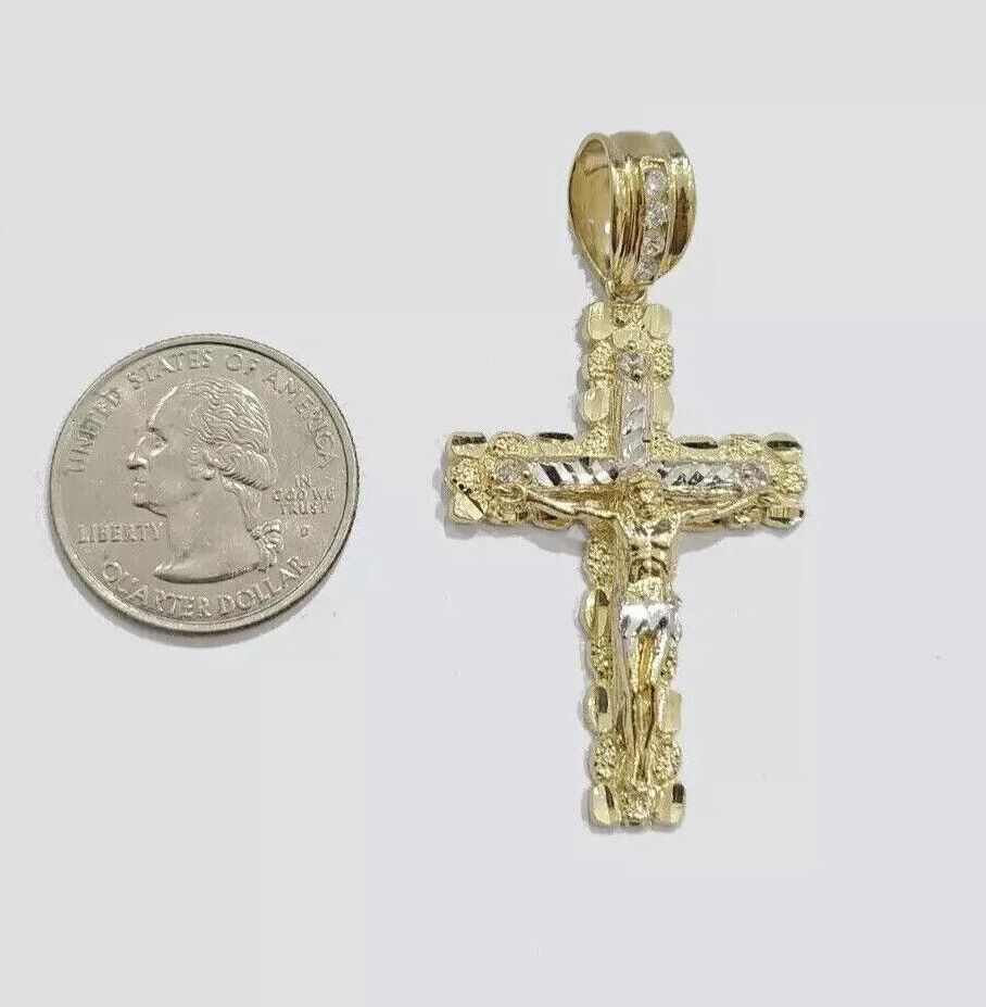 Real 10k Gold Cross Charm pendant Necklace SET 5mm Miami Cuban Link chain 18 - 28" - GoldenlinQ