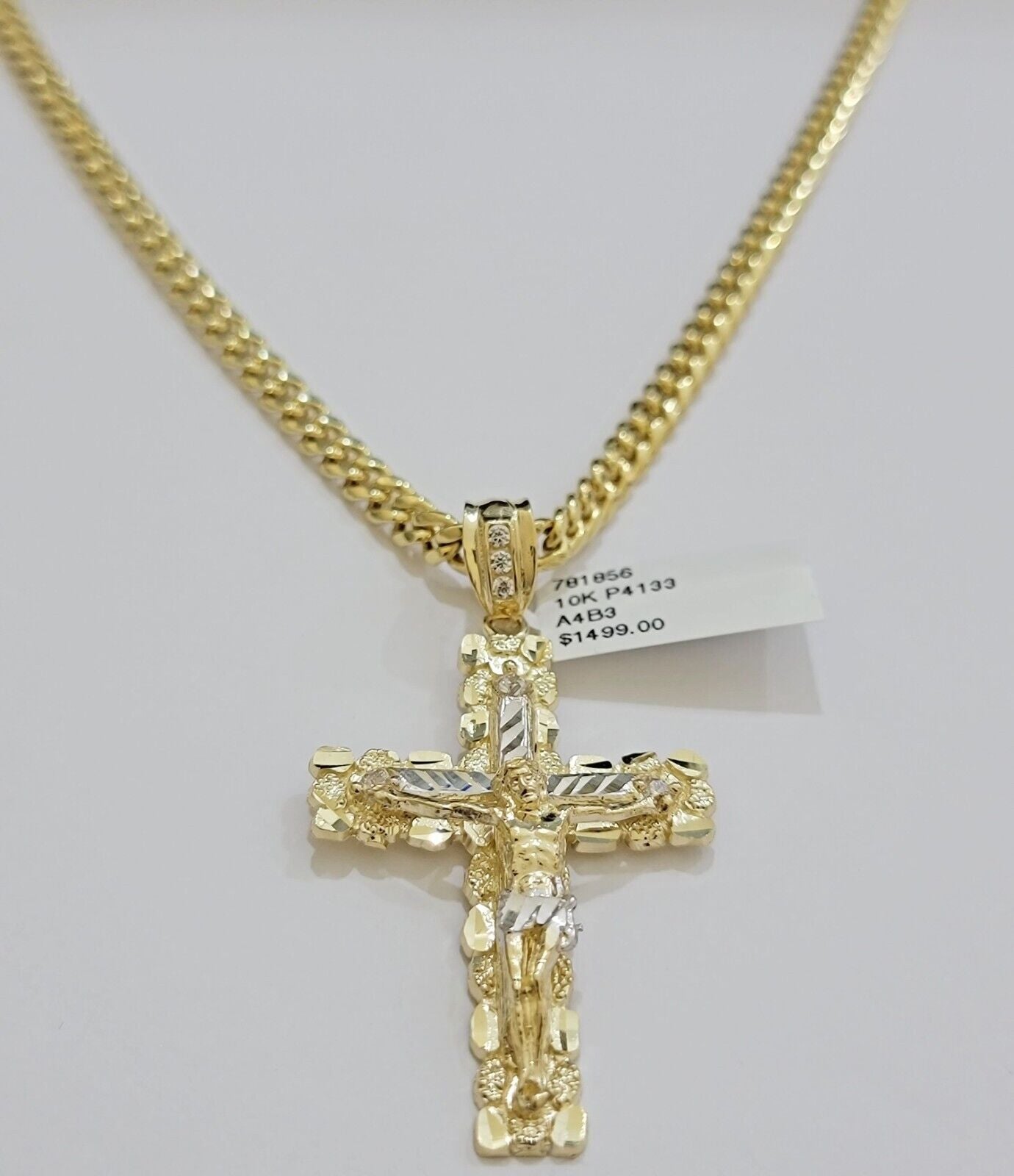 Real 10k Gold Cross Charm pendant Necklace SET 5mm Miami Cuban Link chain 18 - 28" - GoldenlinQ