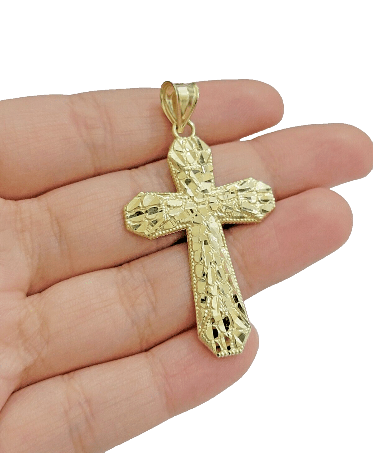 Real 10k Gold Cross Charm pendant Nugget Plain 2 Inch 10Kt Yellow Gold FOR SALE - GoldenlinQ