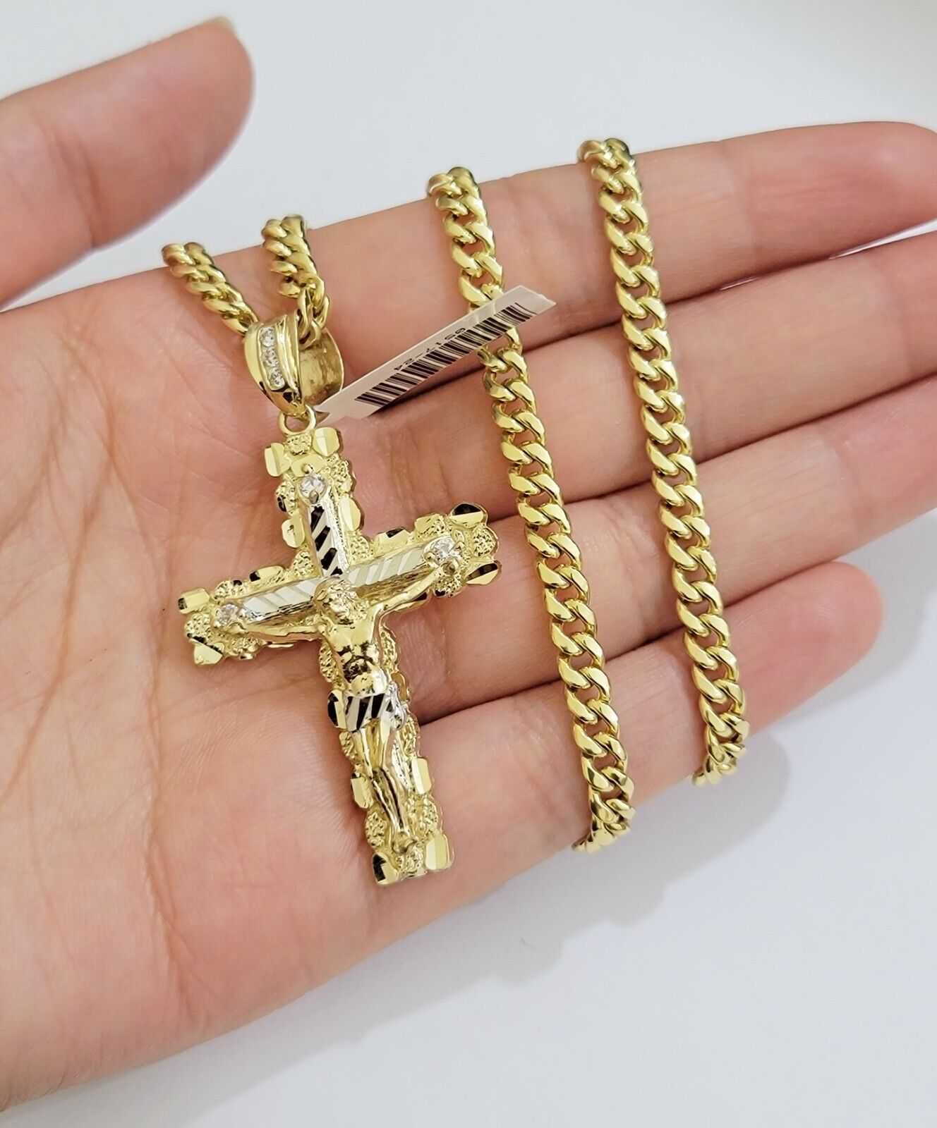 Real 10k Gold Cross Pendant 20 Inch Necklace SET Chain 5mm Miami Cuban Link 10KT - GoldenlinQ