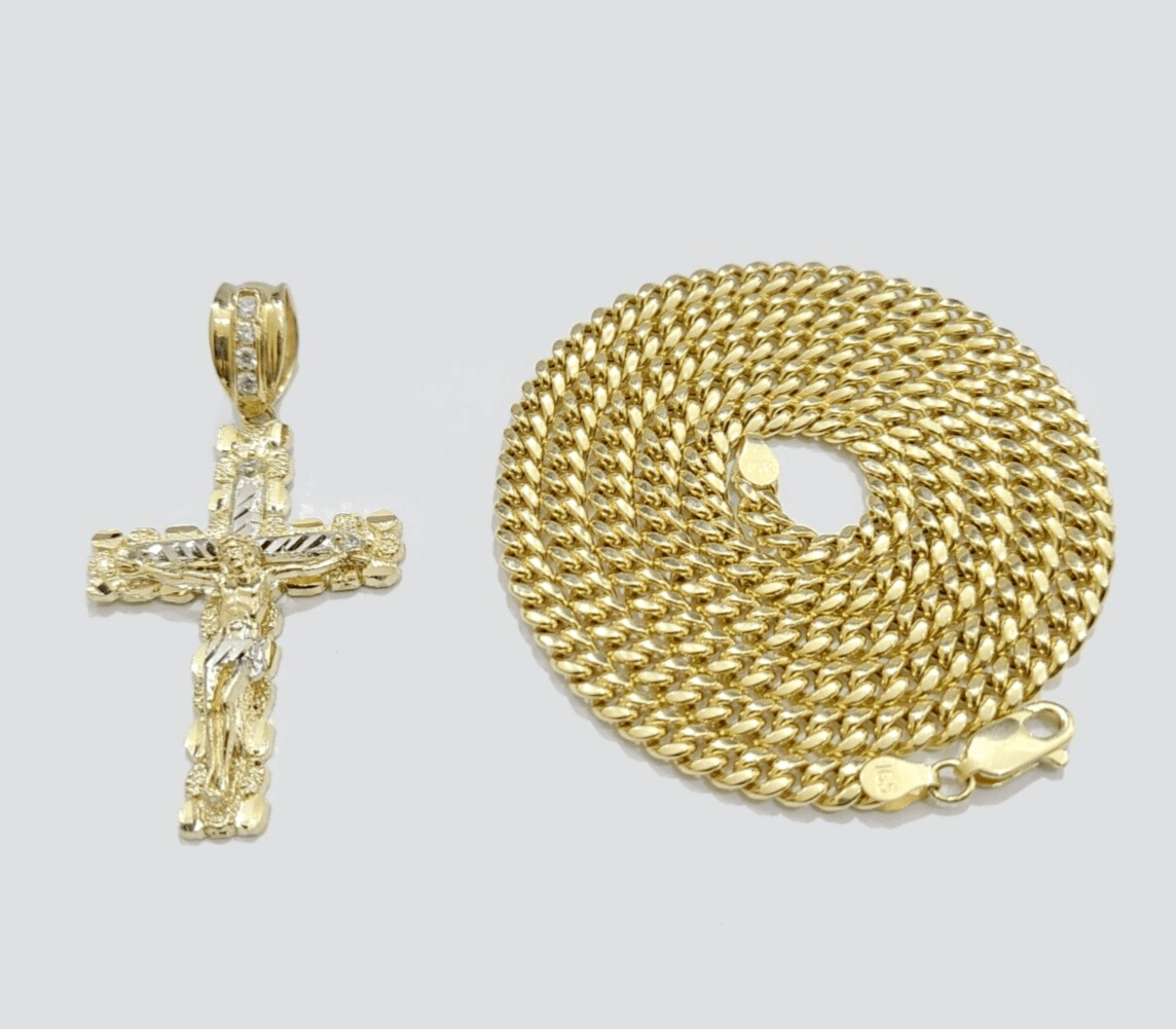 Real 10k Gold Cross Pendant 20 Inch Necklace SET Chain 5mm Miami Cuban Link 10KT - GoldenlinQ