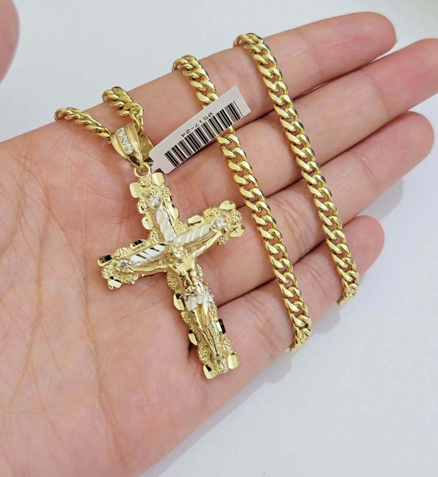 Real 10k Gold Cross Pendant 20 Inch Necklace SET Chain 5mm Miami Cuban Link 10KT - GoldenlinQ