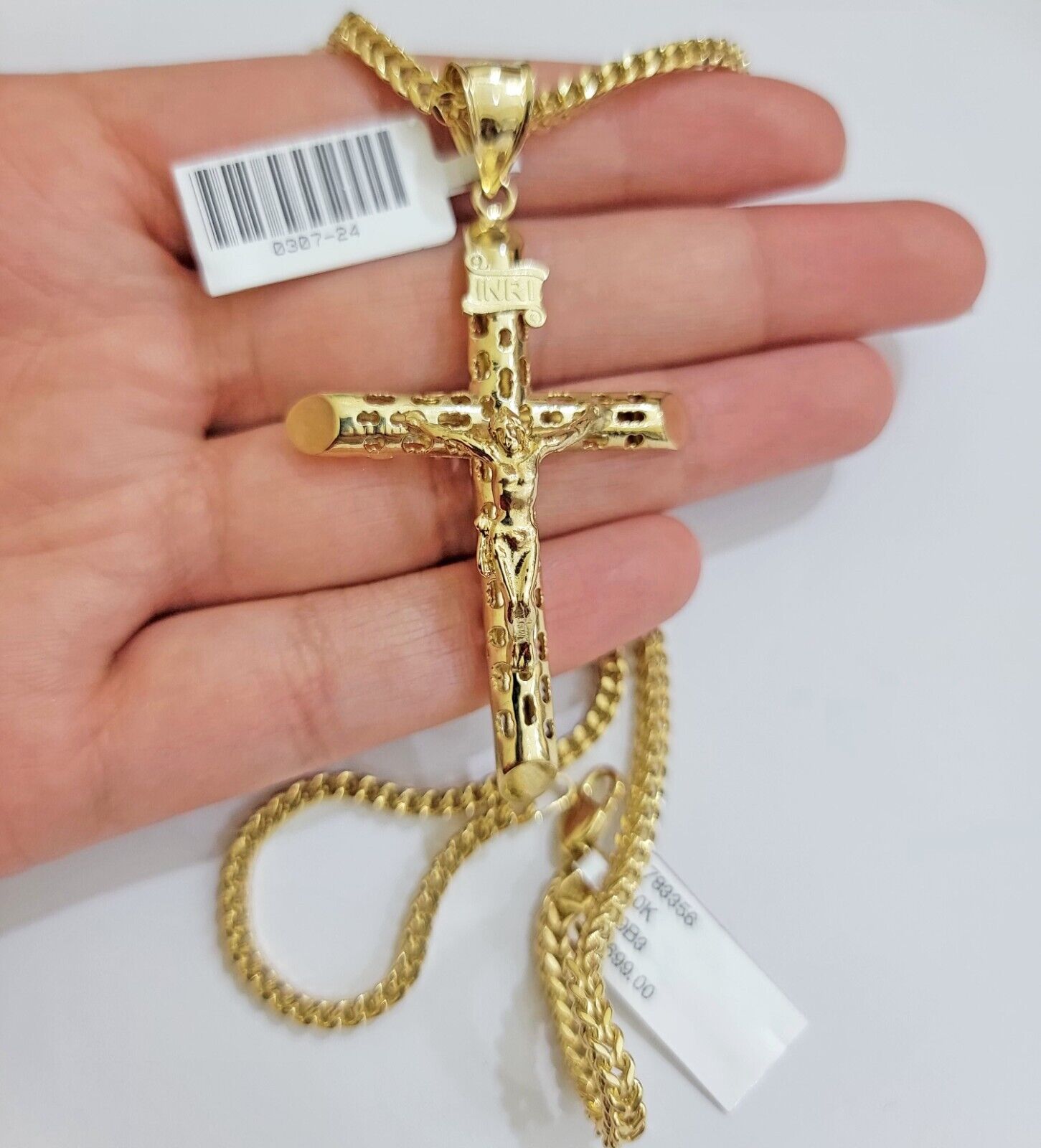 REAL 10k Gold Cross Pendant Franco Chain Necklace 20" - 26 Inch & Jesus Crucifix - GoldenlinQ