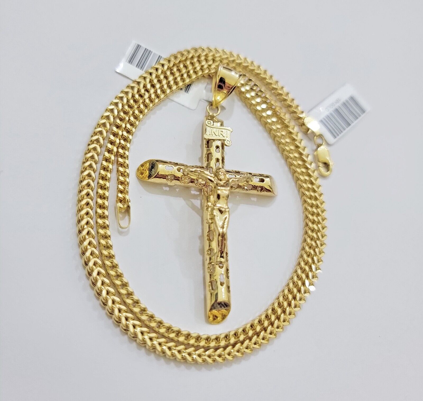 REAL 10k Gold Cross Pendant Franco Chain Necklace 20" - 26 Inch & Jesus Crucifix - GoldenlinQ