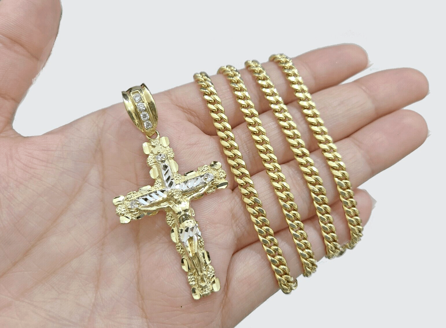 Real 10k Gold Cross Pendant Necklace 26 Inch SET Chain 5mm Miami Cuban Link 10KT - GoldenlinQ