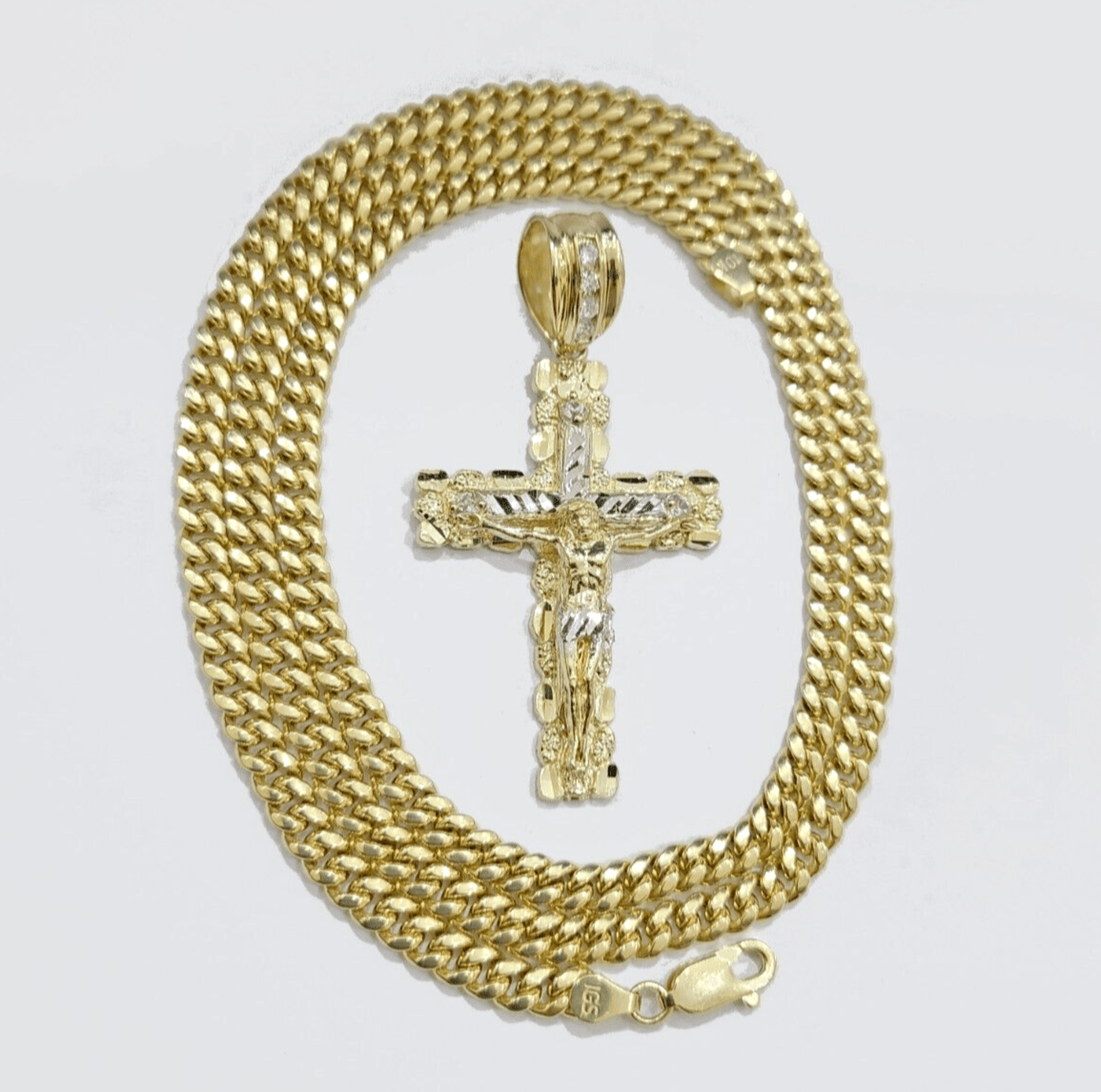 Real 10k Gold Cross Pendant Necklace 26 Inch SET Chain 5mm Miami Cuban Link 10KT - GoldenlinQ