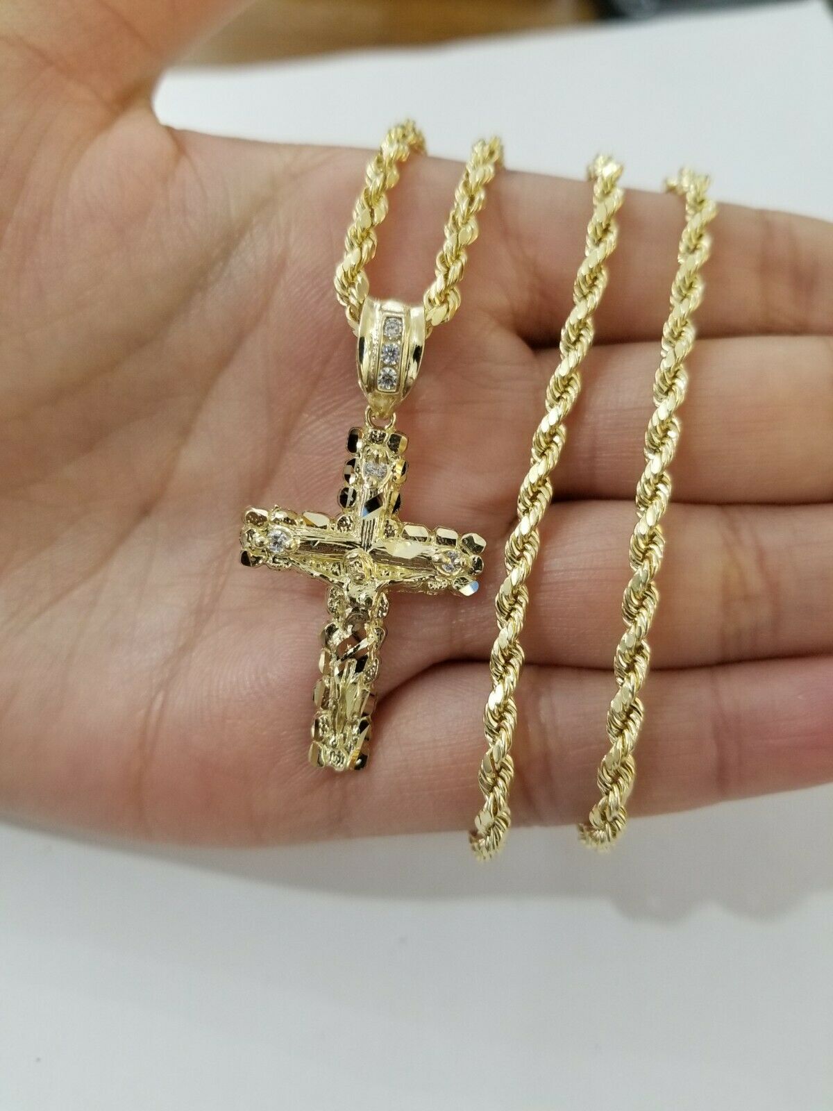Real 10k Gold Cross & Solid Rope Chain 4mm Necklace Charm & Pendant Set 16" - 28" - GoldenlinQ