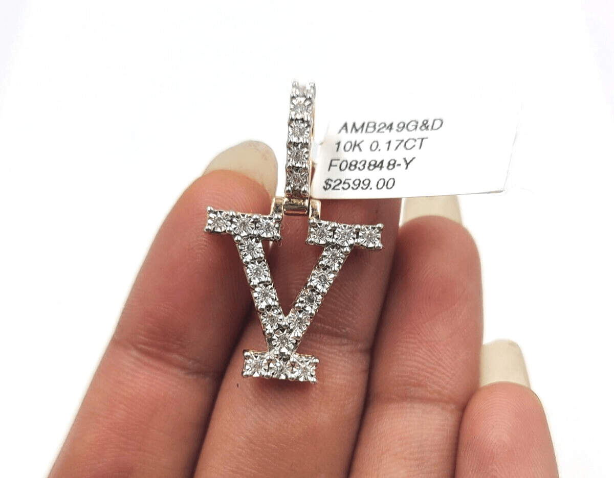 Real 10k Gold & Diamond Letter "V" Initial Alphabet Charm/Pendant 1.25". - GoldenlinQ