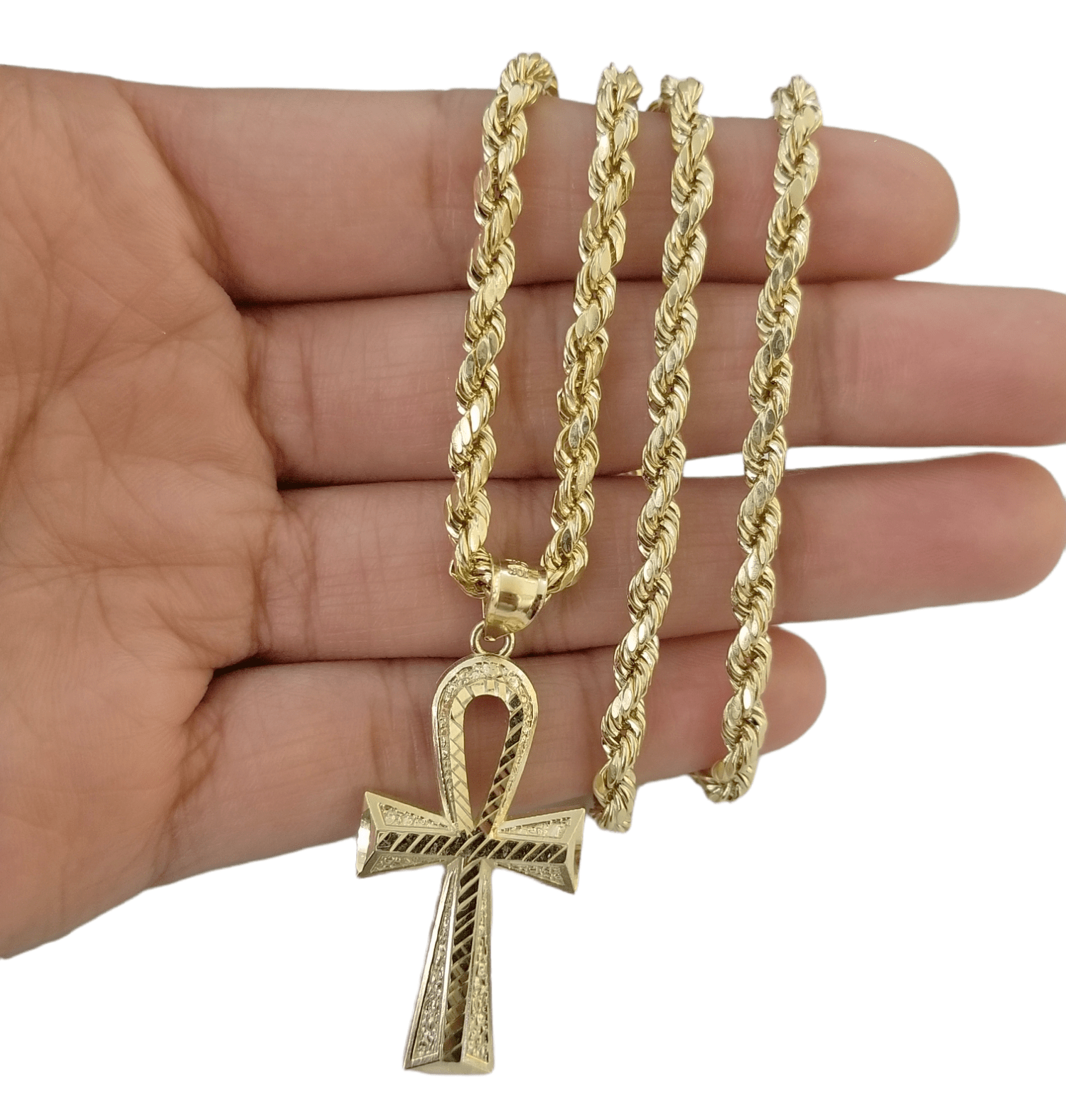 Real 10K Gold Egyptian Ankh Cross Pendent 4mm Rope Chain 18" 20" 22" 24" 26" 28" - GoldenlinQ