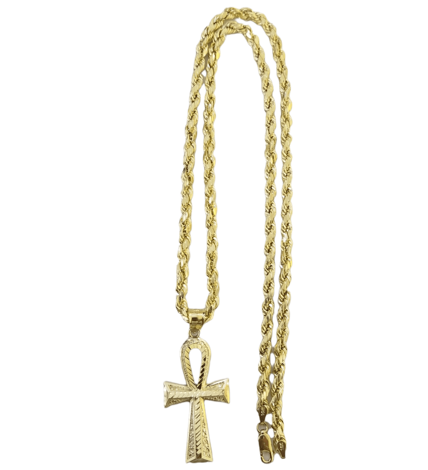 Real 10K Gold Egyptian Ankh Cross Pendent 4mm Rope Chain 18" 20" 22" 24" 26" 28" - GoldenlinQ