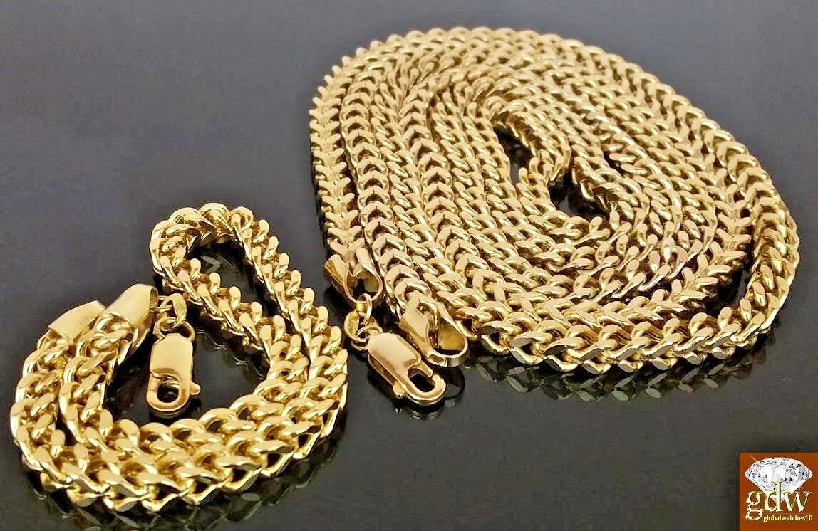 Real 10k Gold Franco Chain 28" Necklace & Bracelet 7.5" - 9" 4mm SET STRONG 10kt - GoldenlinQ