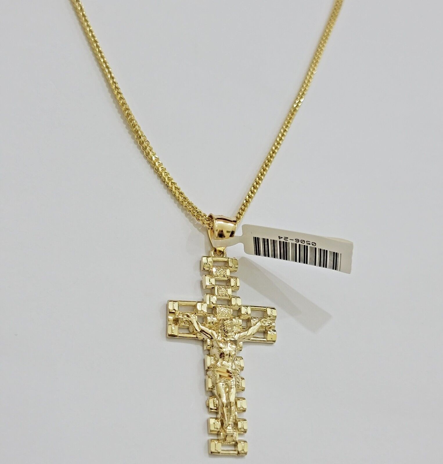 Real 10k Gold Franco Chain Cross Charm SET 20 Inch 2mm Necklace Jesus Pendant - GoldenlinQ