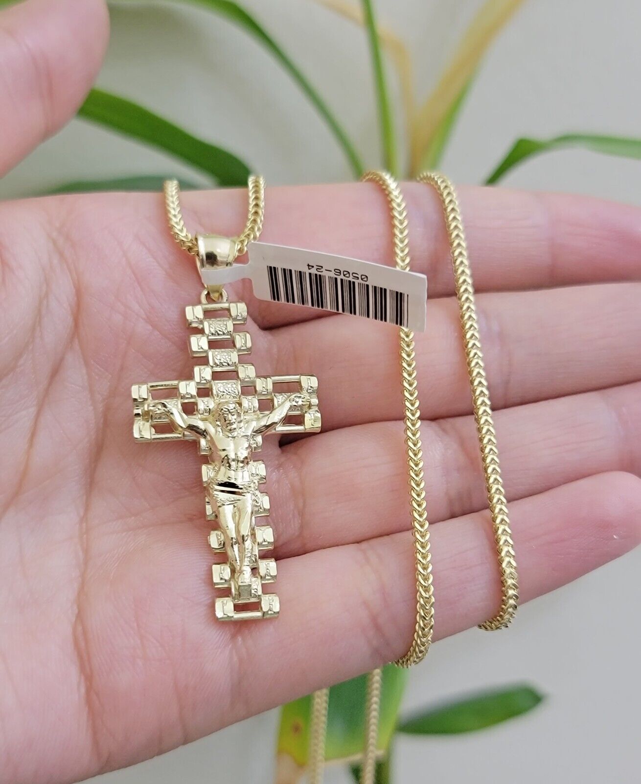 Real 10k Gold Franco Chain Cross Charm SET 20 Inch 2mm Necklace Jesus Pendant - GoldenlinQ