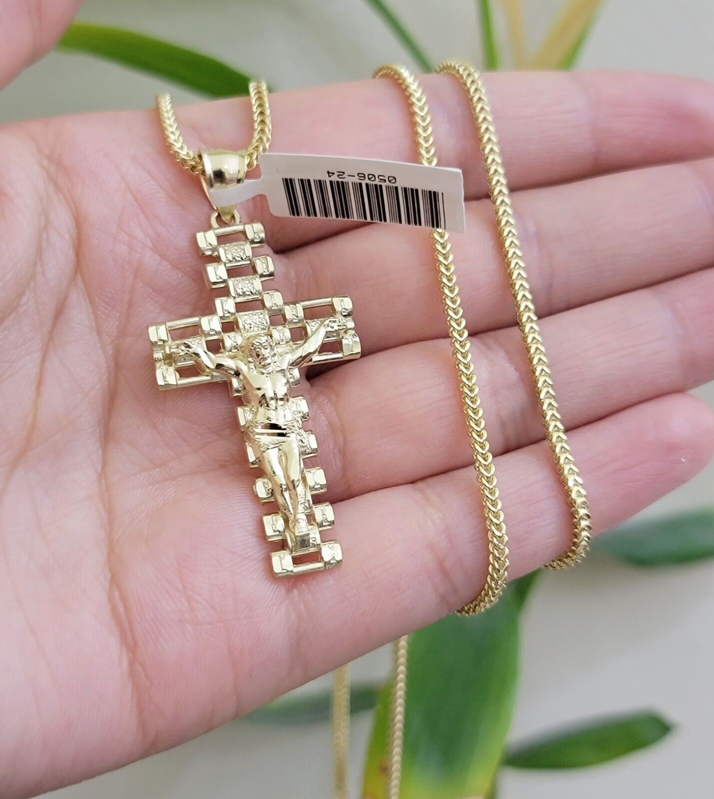 Real 10k Gold Franco Chain Cross Charm SET 24 Inch 2mm Necklace Jesus Pendant - GoldenlinQ